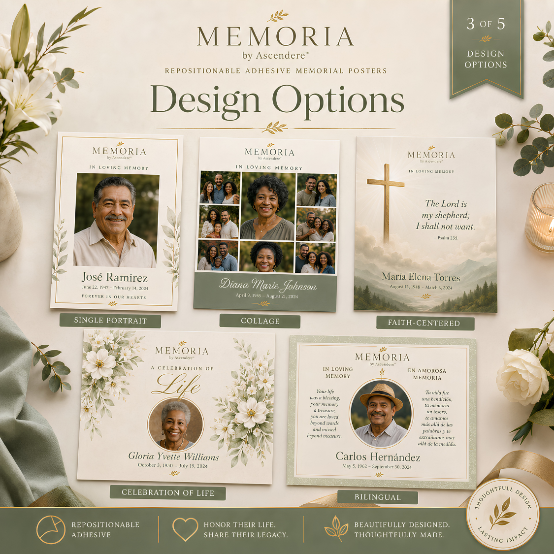 Personalized single-photo adhesive funeral memorial poster by MEMORIA.