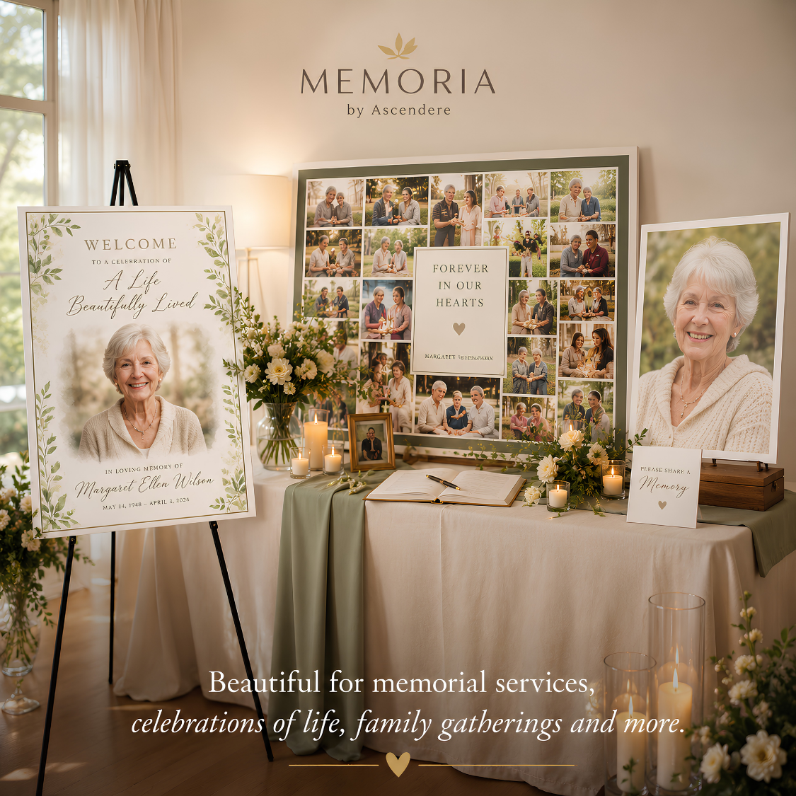 Personalized memorial posters displayed at a celebration-of-life remembrance table.