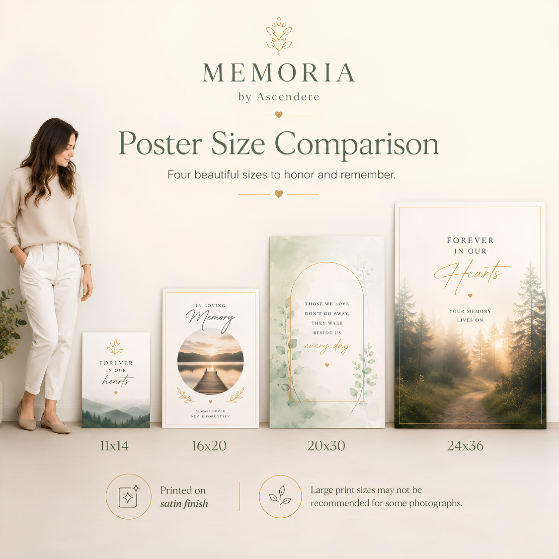 Size comparison of 11 by 14, 16 by 20, 20 by 30, and 24 by 36 memorial posters.