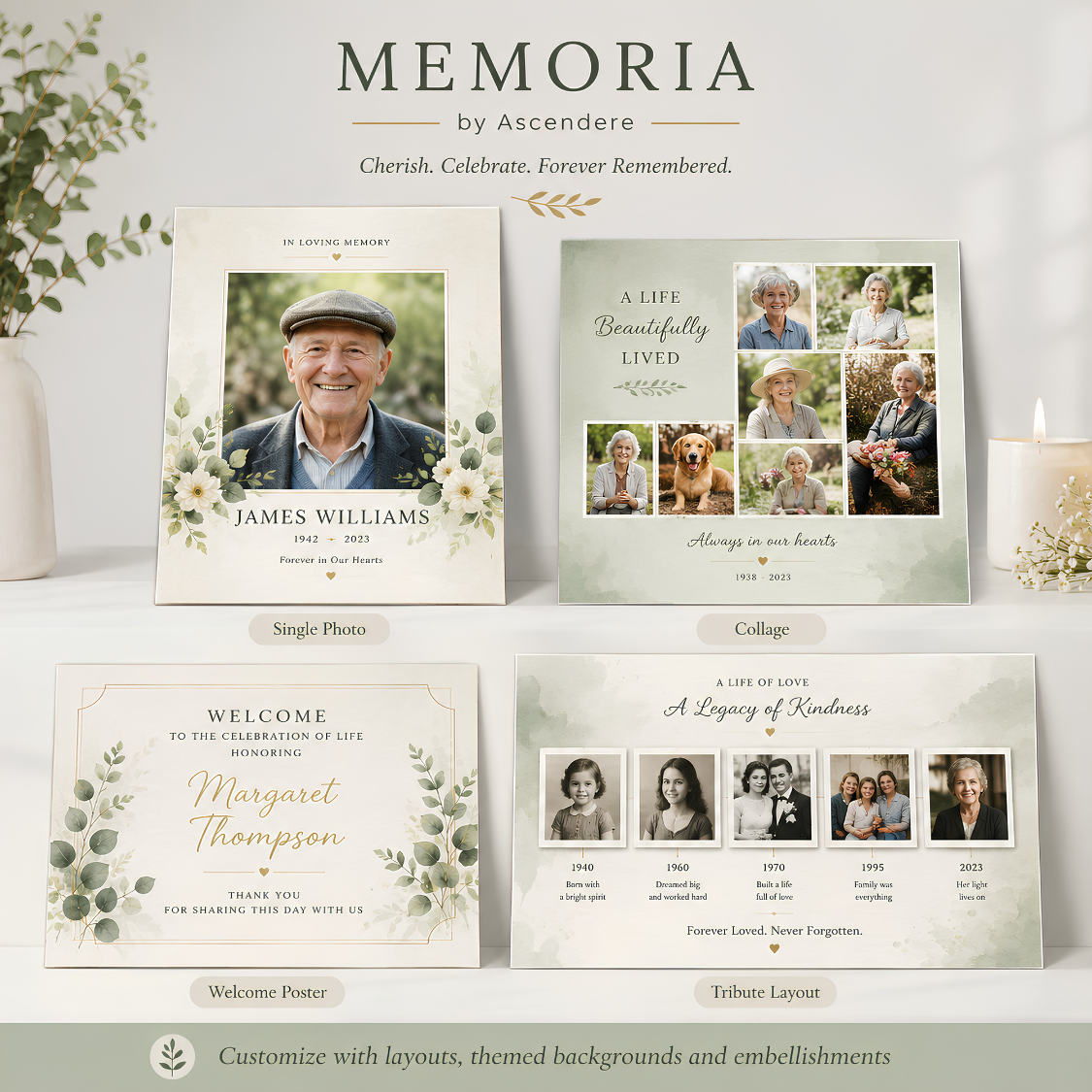 Single-photo, collage, welcome-poster, and memorial tribute layout examples from MEMORIA.