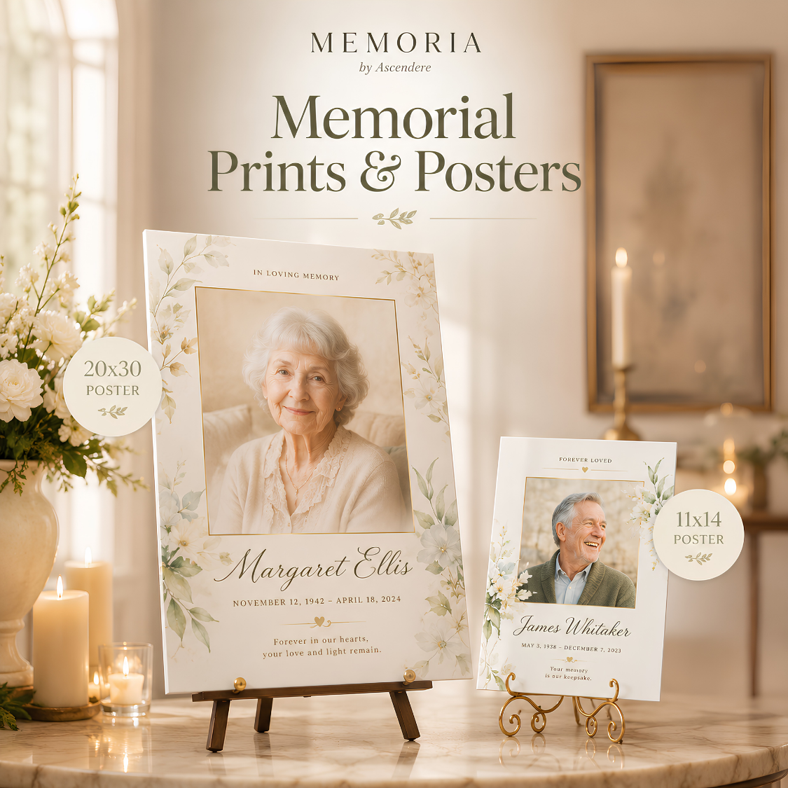 Custom MEMORIA satin memorial posters displayed with floral arrangements and candles.