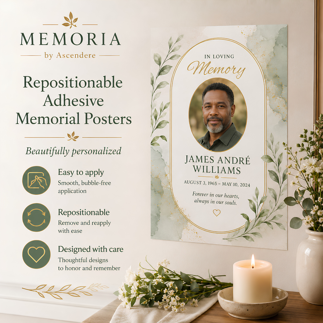 Custom MEMORIA repositionable adhesive memorial poster displayed at a funeral visitation.