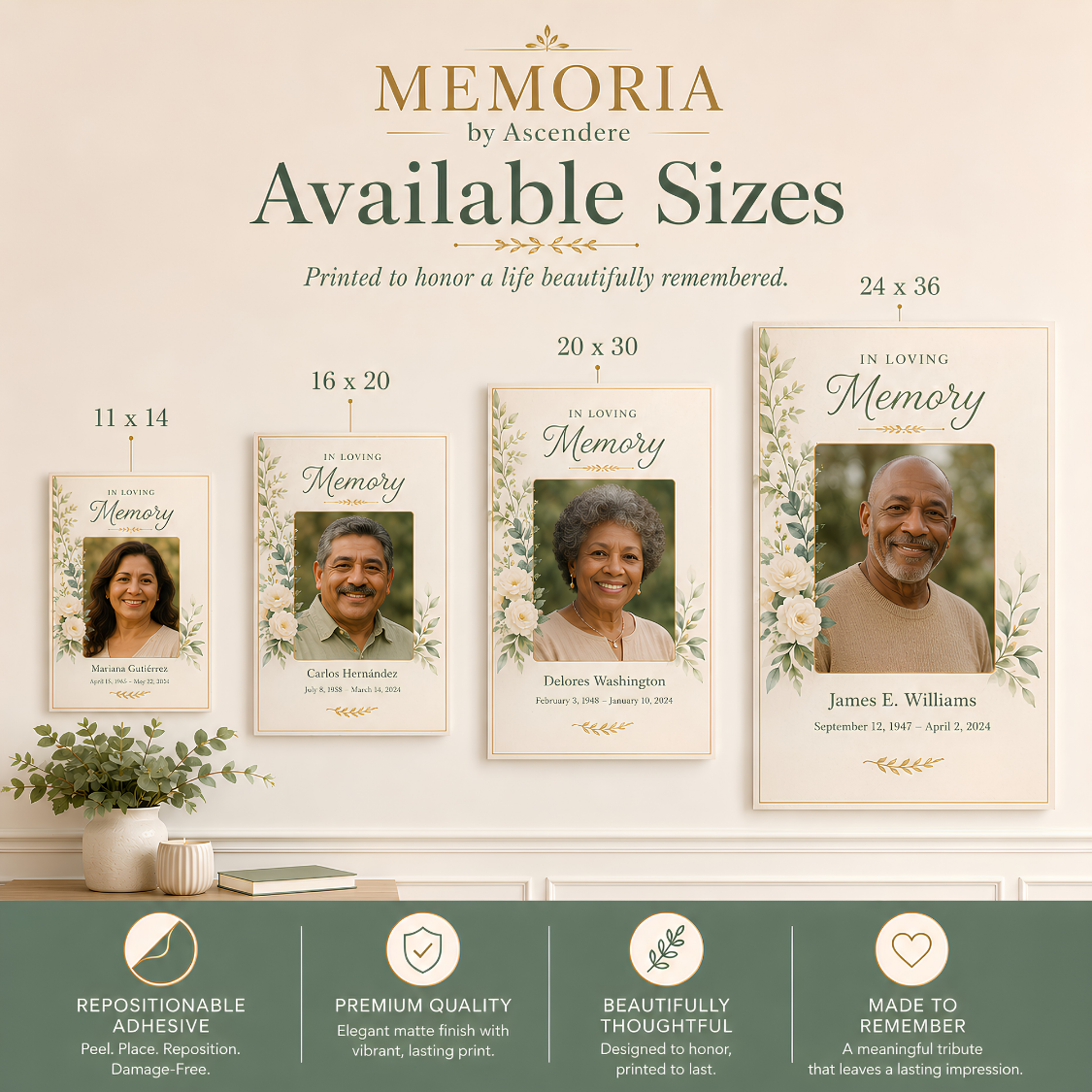 Size comparison of 11 by 14, 16 by 20, and 24 by 36 adhesive memorial posters.