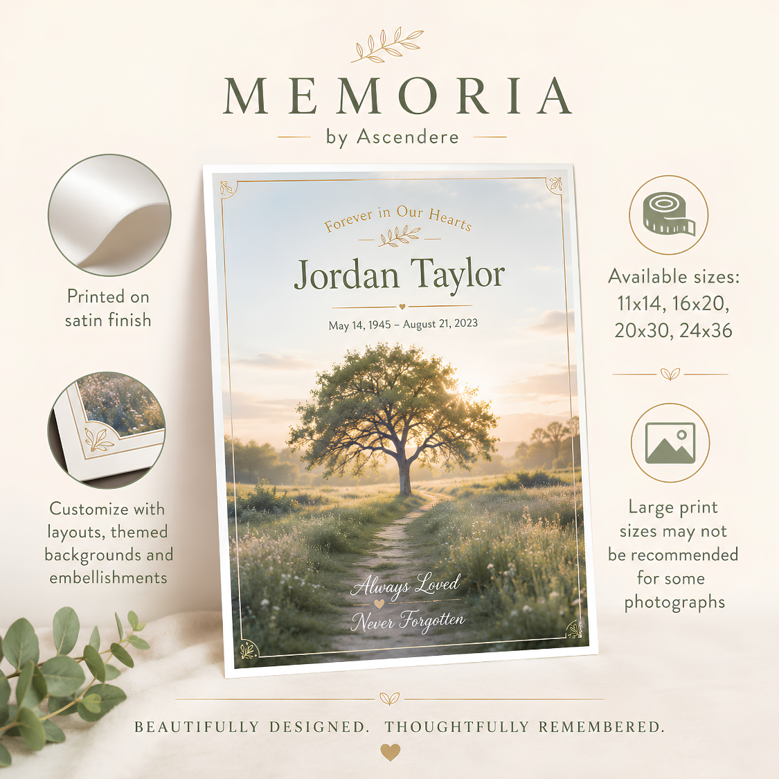 Satin-finish memorial poster specifications and available poster sizes.
