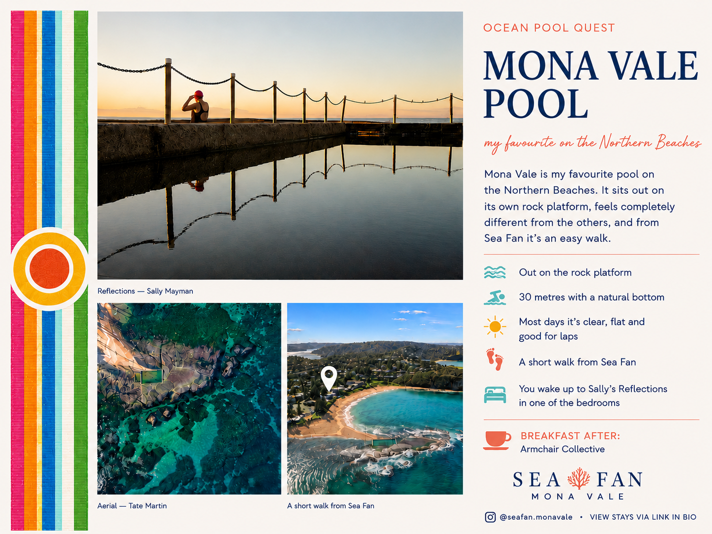 Mona Vale Ocean Pool at sunrise, with swimmer, rock platform and aerial views showing its location near Sea Fan.