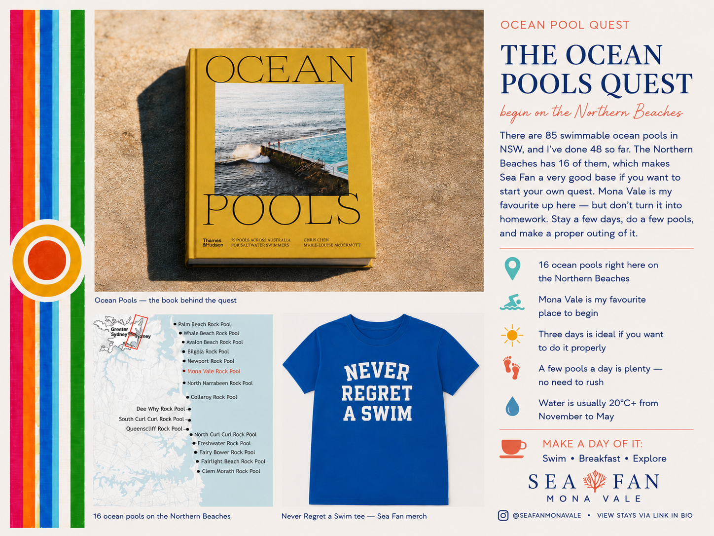 Sea Fan’s Ocean Pools Quest guide, featuring the Northern Beaches ocean pools route, the Ocean Pools book and a “Never Regret a Swim” T-shirt.