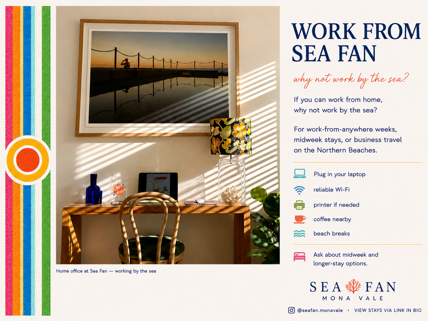 Work-from-home desk in the Pool Room at Sea Fan, with Mona Vale Ocean Pool artwork, reliable Wi-Fi and space for a laptop.