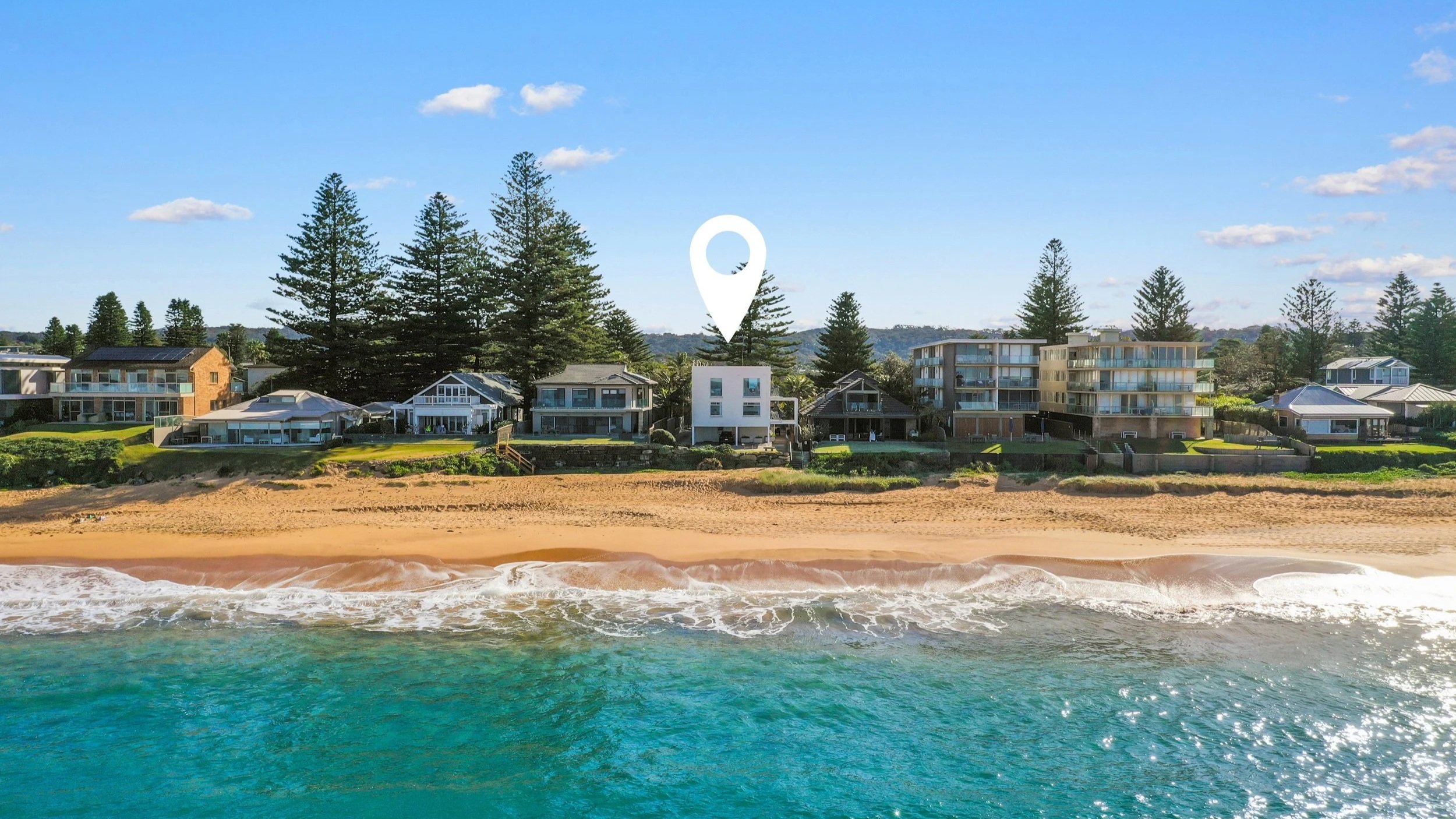Aerial view of Sea Fan on the beachfront at Mona Vale Beach, overlooking the ocean and the Basin.