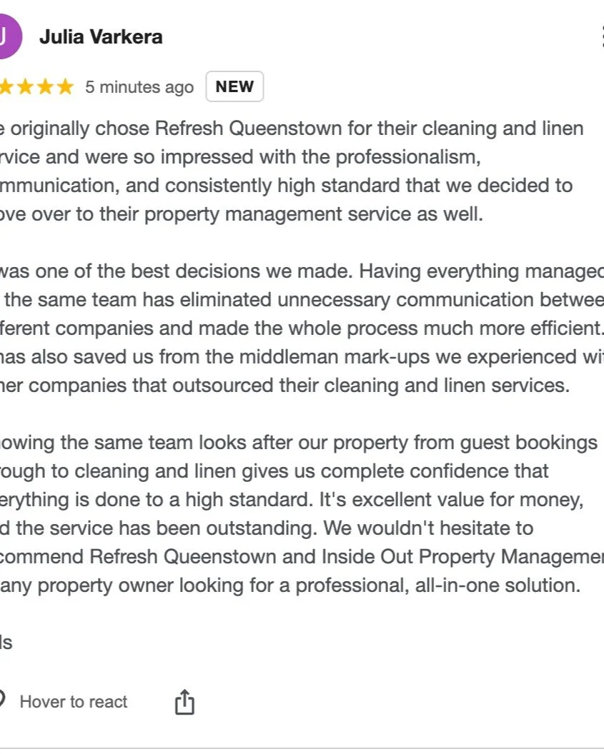 Another happy owner! ⭐⭐⭐⭐⭐

We love hearing feedback like this. Knowing we've made property ownership easier by bringing cleaning, commercial linen, and property management together under one roof is exactly why we do what we do.

No outsourcing. No 