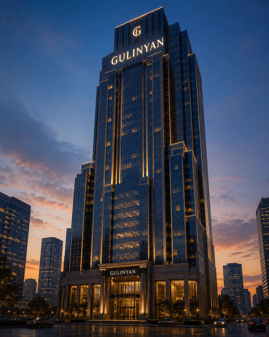 A tall glass skyscraper with the name 'GULINYAN' on the front, illuminated at dusk, with other high-rise buildings around it and a cloudy sky in the background.