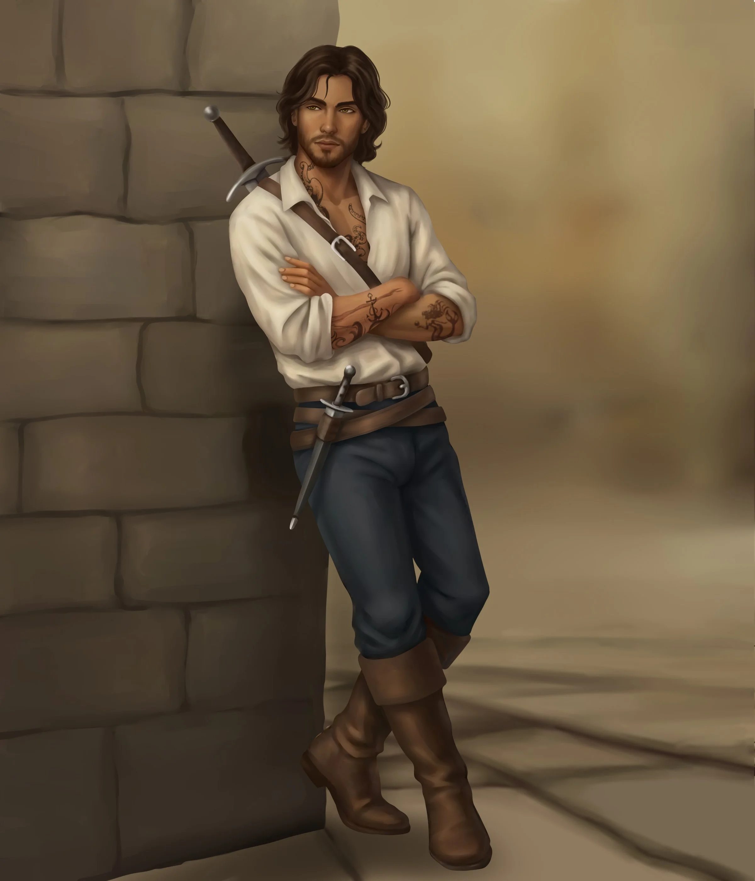 A digital painting of a young man with shoulder-length brown hair, a light beard, and tattoos on his arms and chest. He is wearing a white shirt with the sleeves rolled up, dark pants, and brown boots. He is leaning against a brick wall with his arms crossed and a sword strapped to his back. The background is beige and yellow with soft shading.