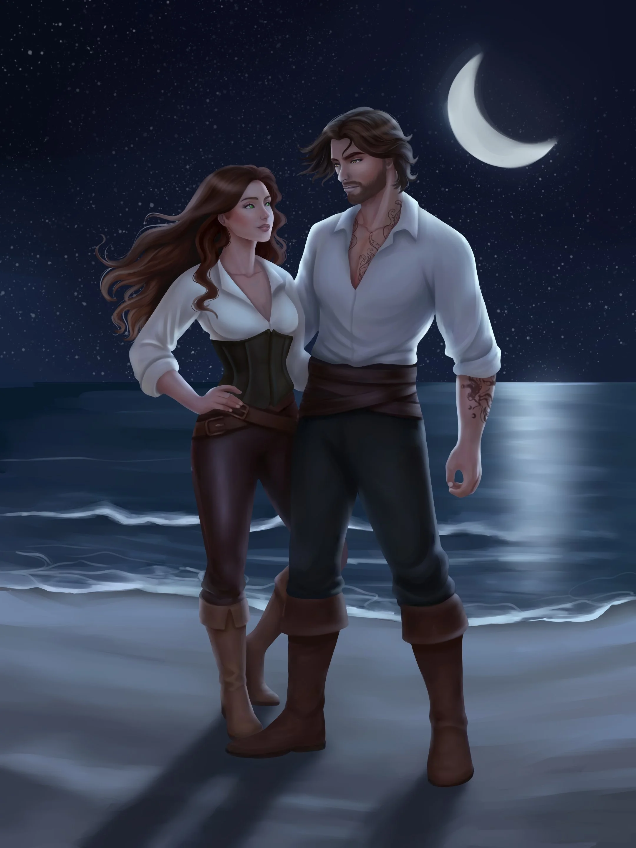 A digital illustration of a man and woman standing close together on the beach at night under a starry sky and crescent moon, with waves in the ocean in the background.