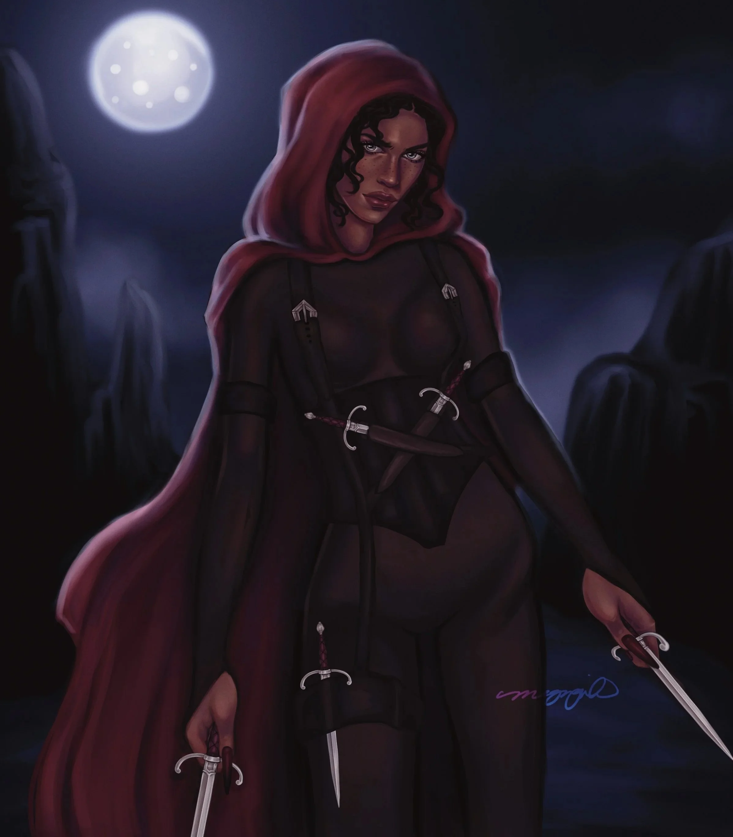 Digital artwork of a woman with dark curly hair, intense eyes, and saturnine features wearing a red hooded cloak, with a dark night sky and a luminous moon in the background.