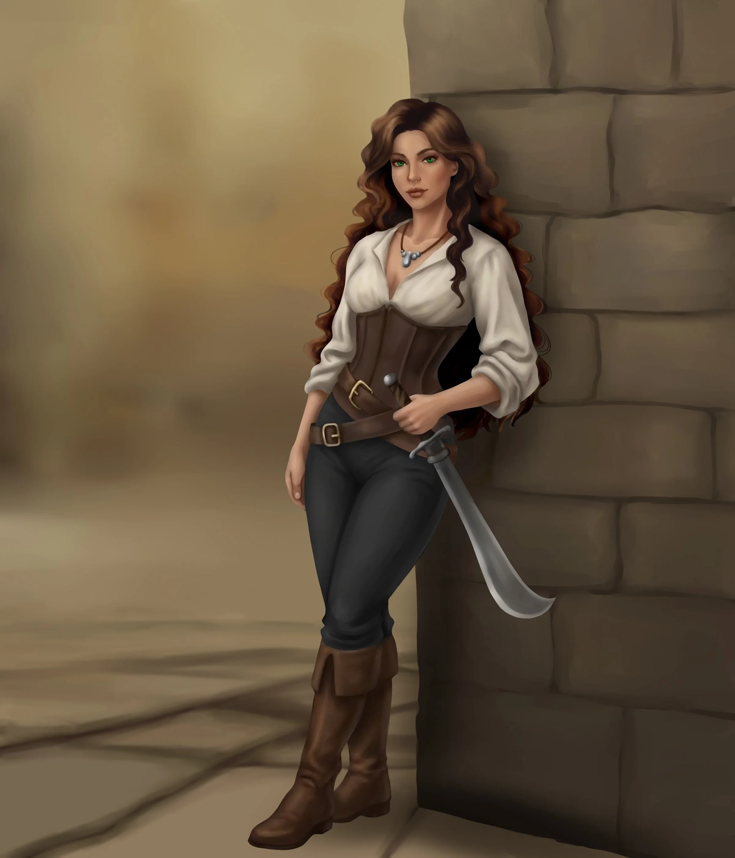 A woman with long, wavy brown hair, green eyes, and light skin, leaning against a stone wall. She is wearing a white blouse, a brown corset, black pants, brown boots, and a necklace with blue beads.