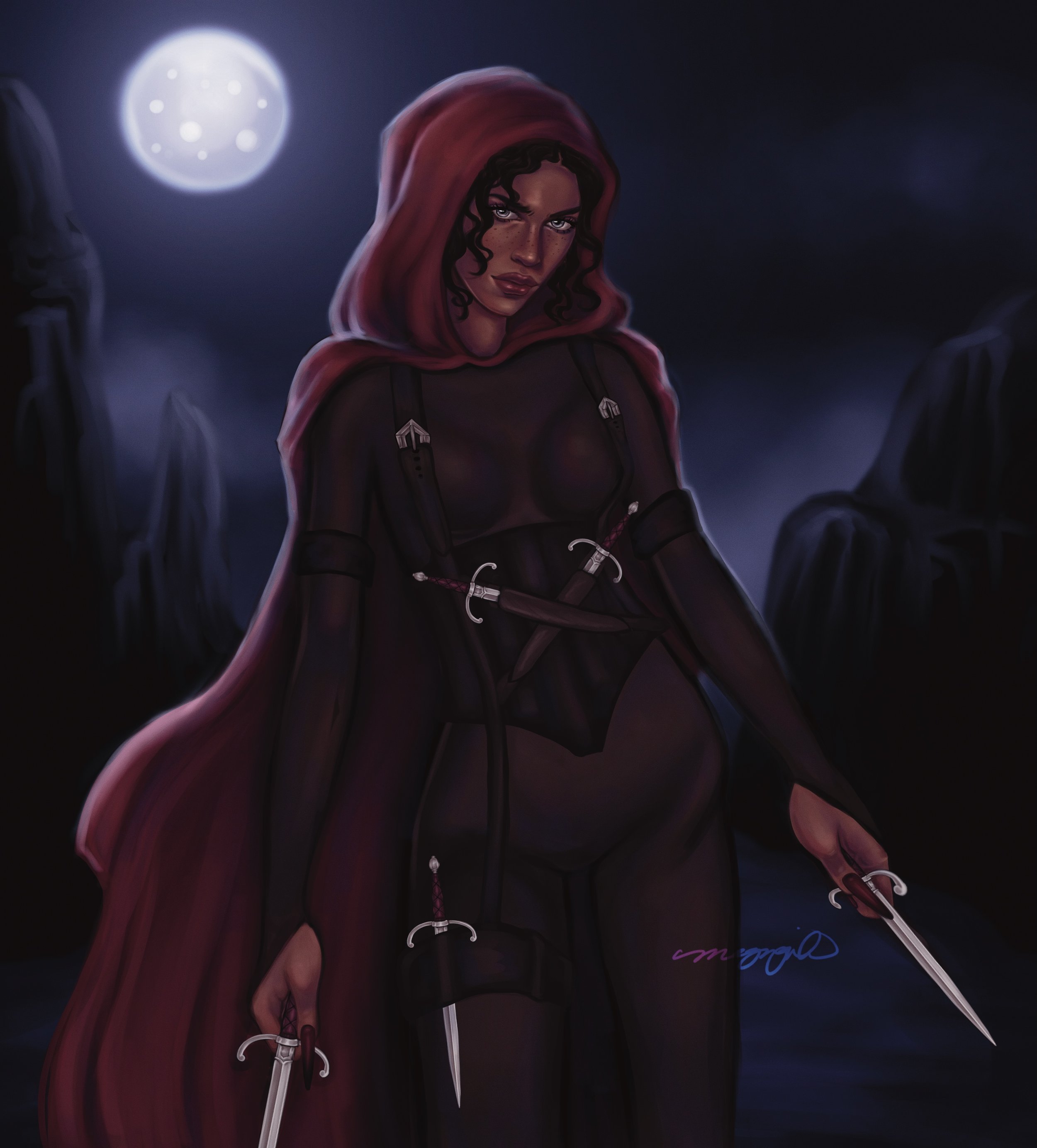 Digital artwork of a woman with curly hair, wearing a red hooded cloak, holding swords with scabbards, set against a dark background with a bright, full moon. The woman has piercing eyes, freckles, and a serious expression.