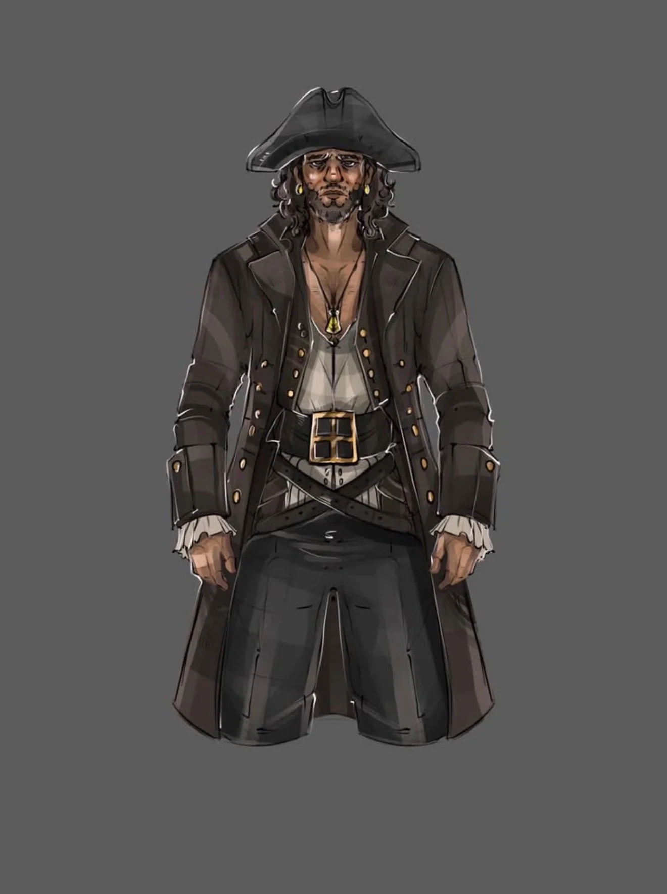 Digital illustration of a man dressed as a pirate captain, with long curly hair, a beard, wearing a large piratical hat, a long dark coat with gold buttons, a shirt with a deep neckline, a belt with a large buckle, and wide pants, against a plain gra