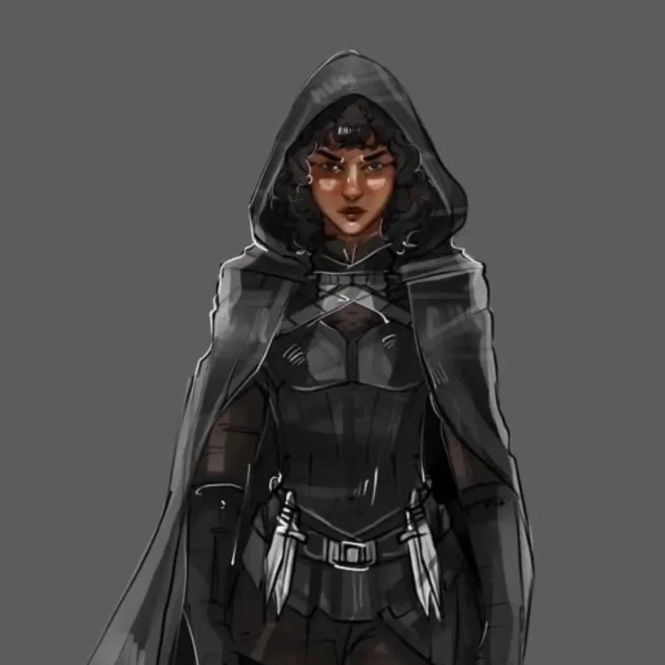 Digital illustration of a woman with dark curly hair, brown skin, wearing a black hooded cloak and tactical armor, with a serious expression, set against a gray background.