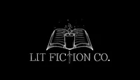 Logo for Lit Fiction Co. featuring an open book with a feather pen on a black background