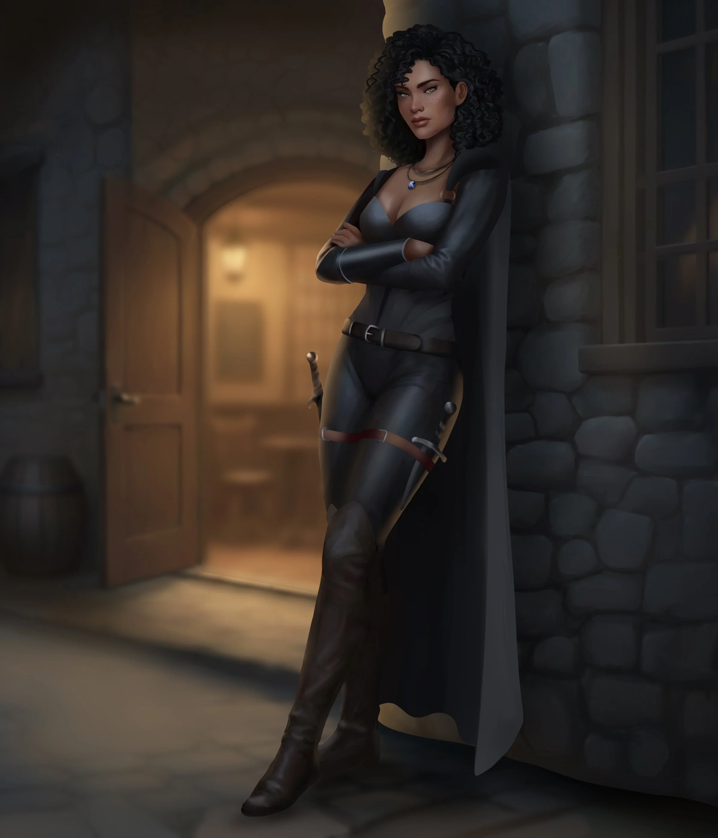 A woman with curly black hair, wearing a black leather jacket and pants, leaning against a stone wall in an indoor setting with warm lighting.
