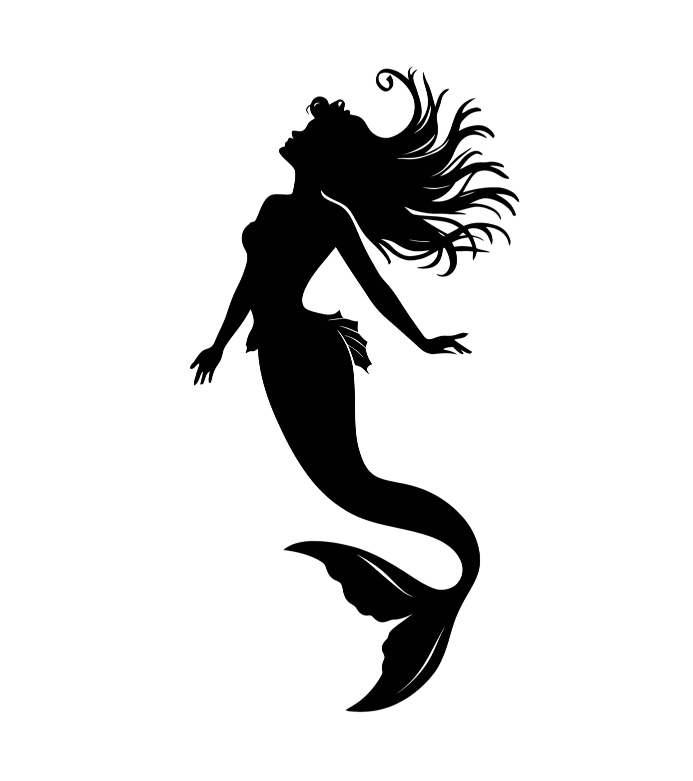 A silhouette of a woman with long, flowing hair, sitting with one knee up and one hand resting on her knee. The background is black.