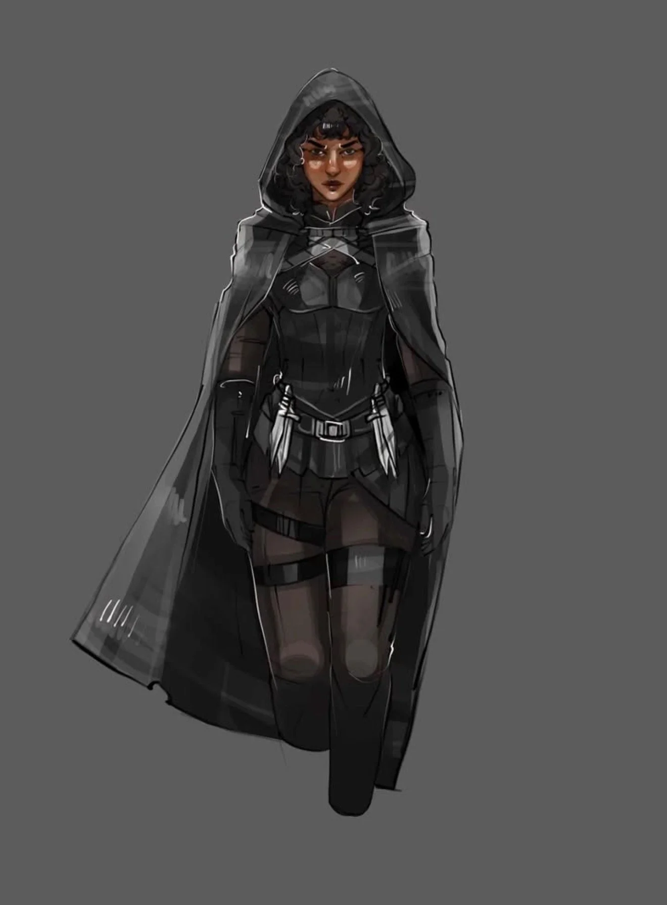Digital illustration of a woman with dark skin, curly black hair, wearing a black hooded cloak over a black outfit with armor details, and thigh-high stockings, standing against a plain gray background.