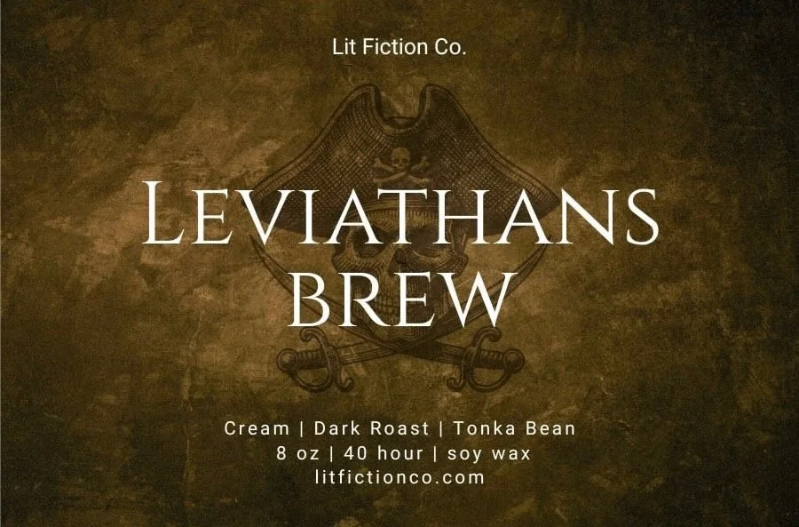 Advertisement for Leviathan's Brew coffee by Lit Fiction Co., featuring a pirate skull and crossed cutlasses logo with dark brown background.