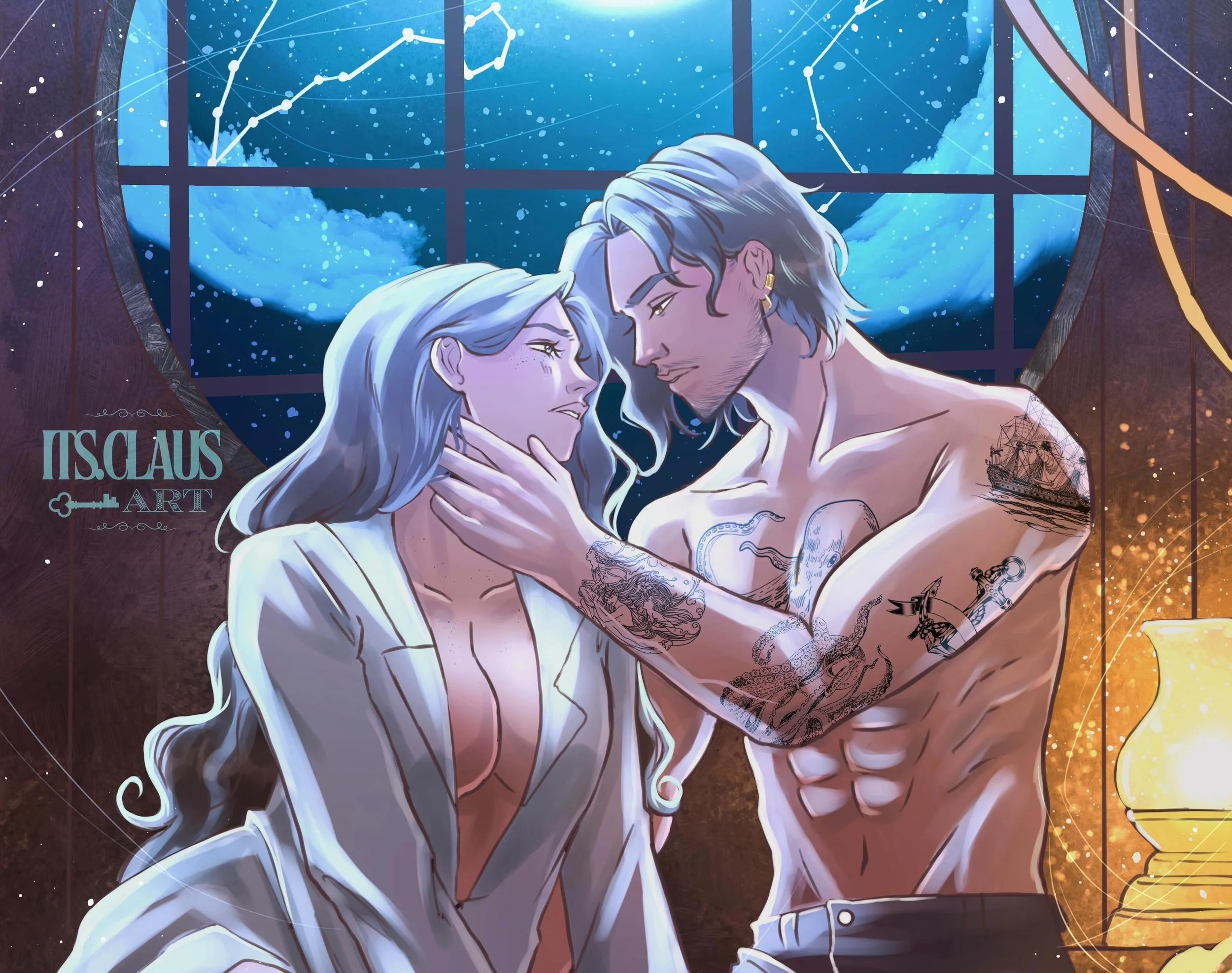 A romantic digital art illustration of a man and woman with gray hair looking at each other intimately in front of a large window showing the night sky with stars and constellation lines. The woman has light skin and the man has light skin with tattoos on his arm. The scene has a mystical, romantic atmosphere with a focus on their emotional connection.