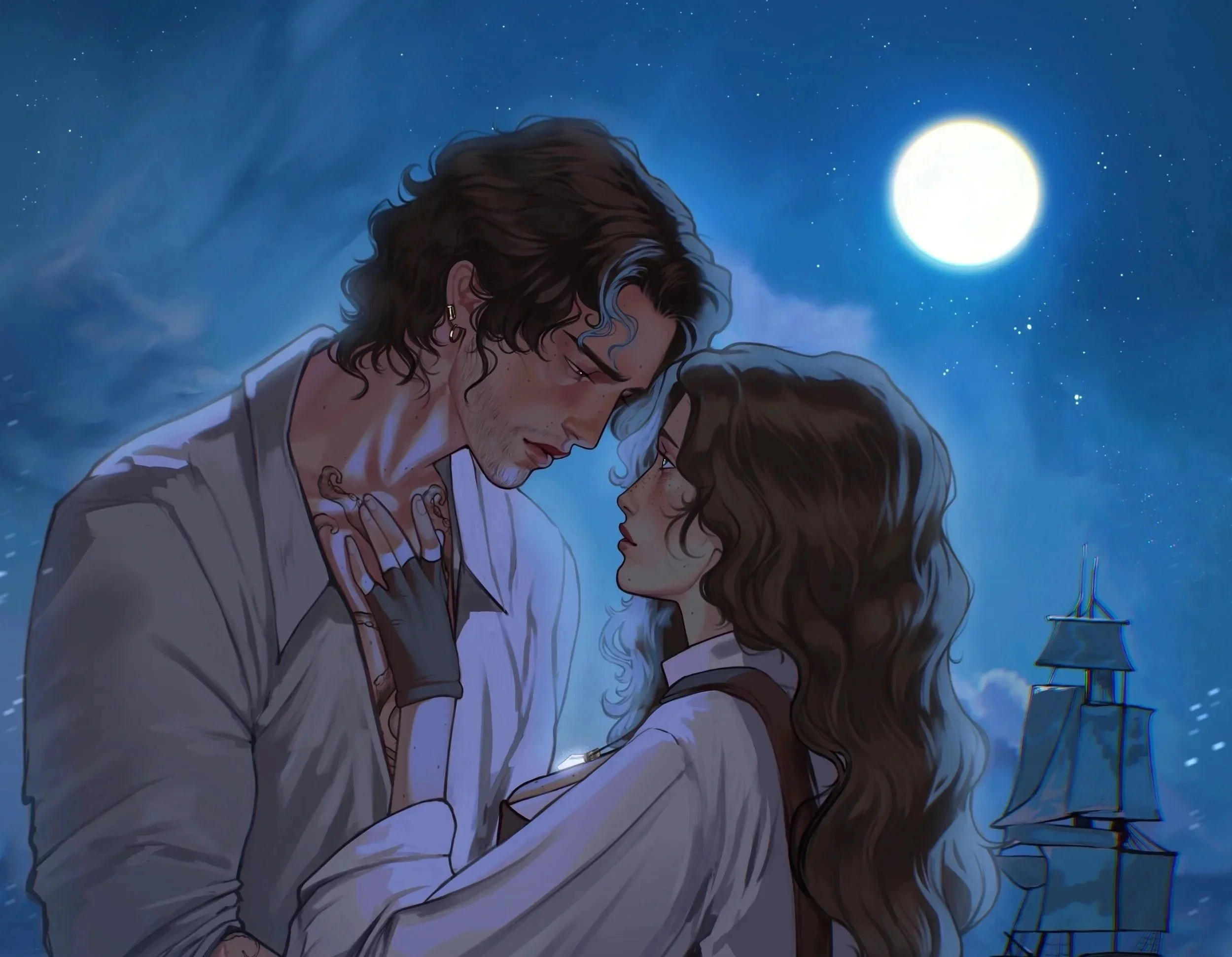An animated illustration of a young woman and a young man close together under a starry night sky with a full moon. They appear to be in an intimate moment, looking into each other's eyes.