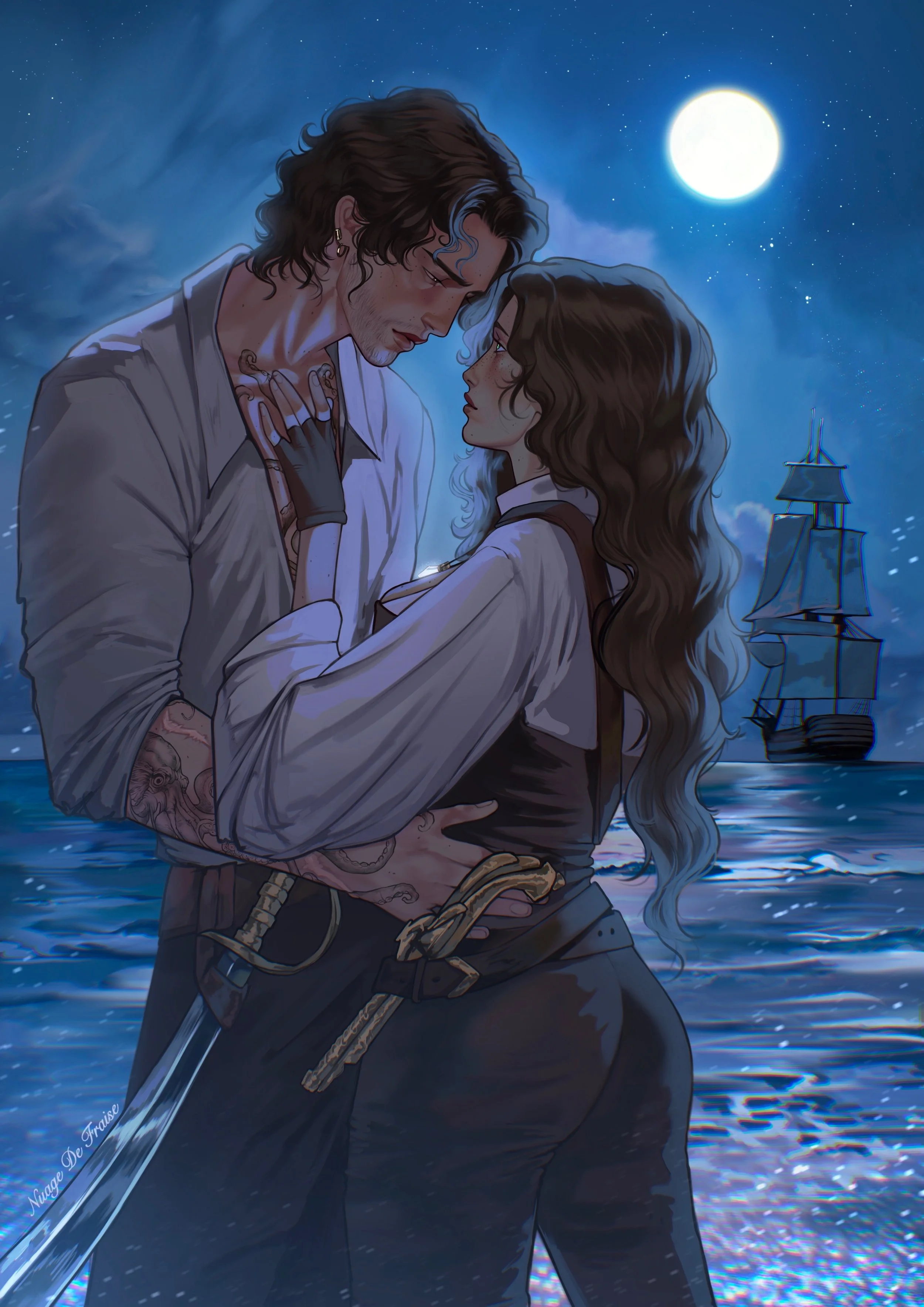 A digital artwork of a man and woman standing close beneath a full moon at night with a ship sailing on the water in the background. The man has dark wavy hair, multiple earrings, tattoos, and is wearing a white shirt. The woman has long wavy brown h