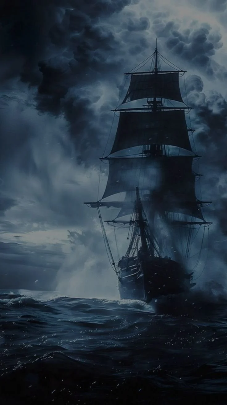 A tall sailing ship with multiple masts on rough ocean waters during a storm, dark and gloomy sky with storm clouds.
