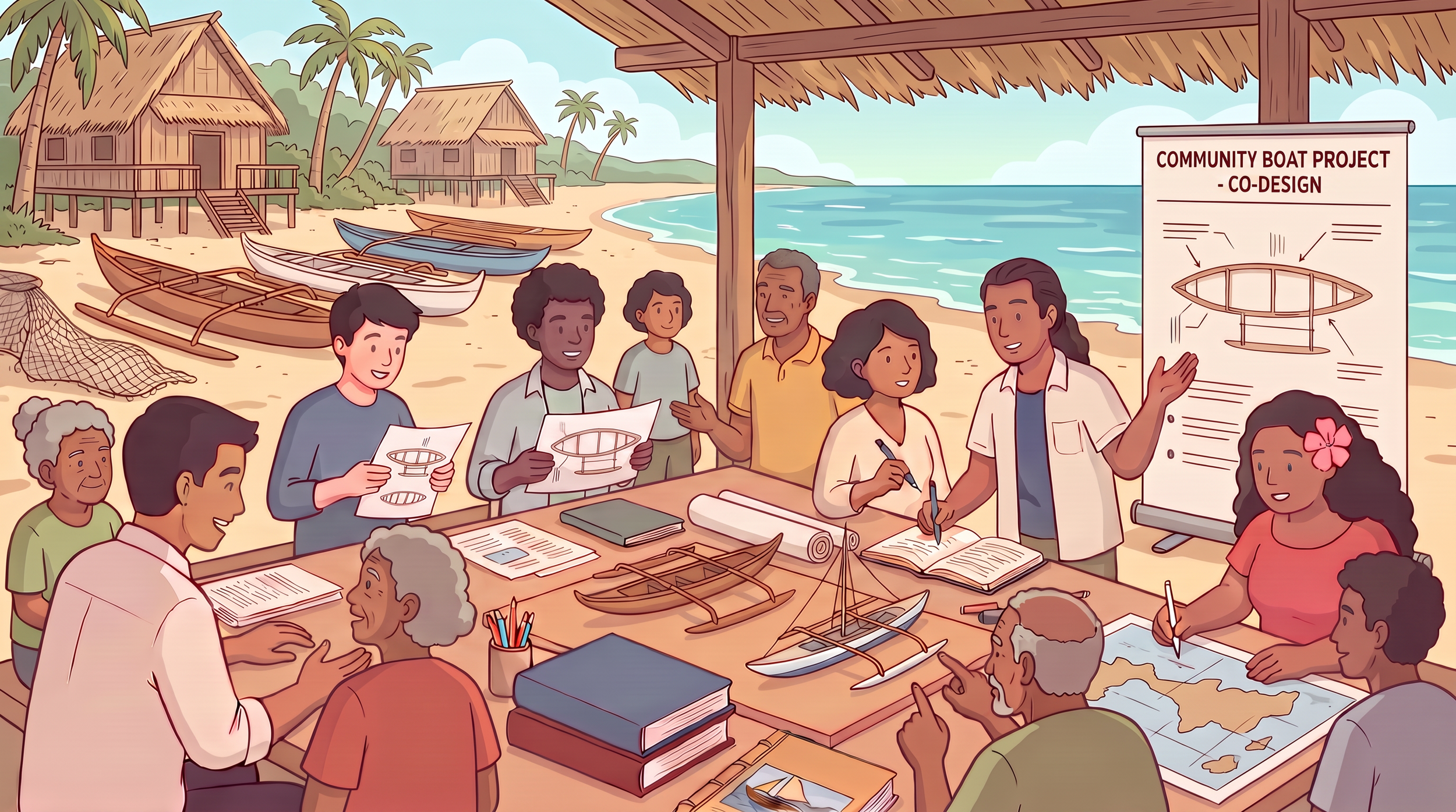 The Outrigger Crew gathered at a beachside workshop discussing a community project. They are reviewing designs and blueprints. The setting features thatched-roof huts, palm trees, and boats on the sandy beach.