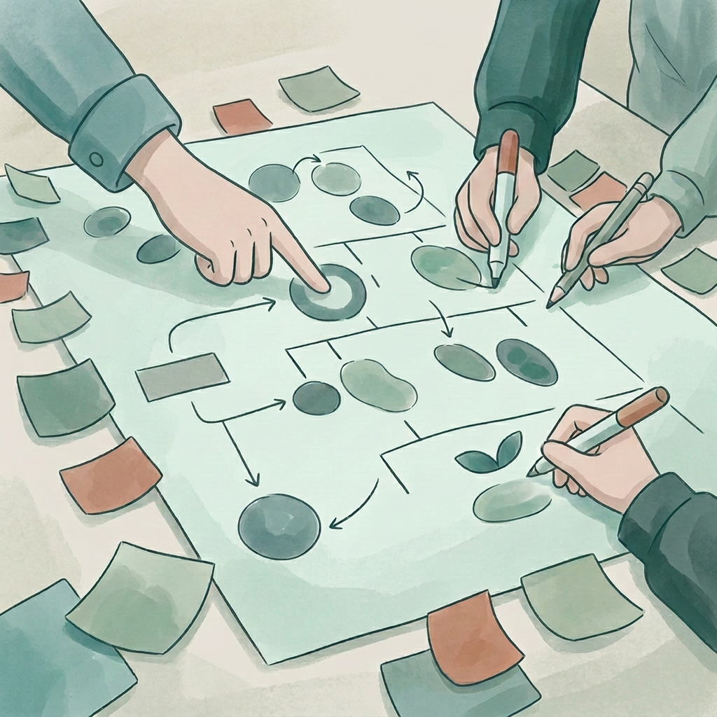 People working on a flowchart or diagram, using markers, with sticky notes around the paper.