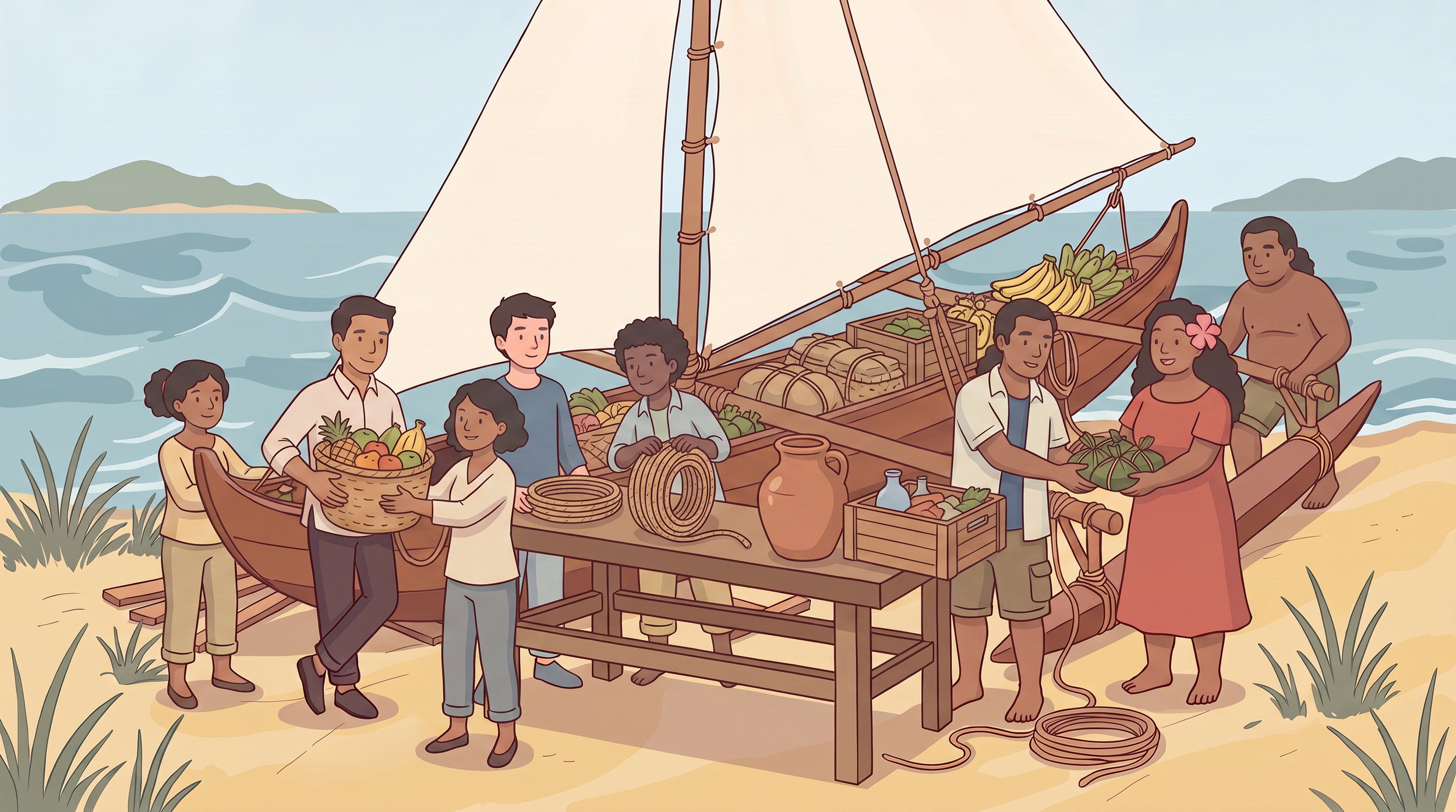 The Outrigger Crew on a beach preparing an outrigger boat for a voyage, surrounded by ocean waters and distant islands.