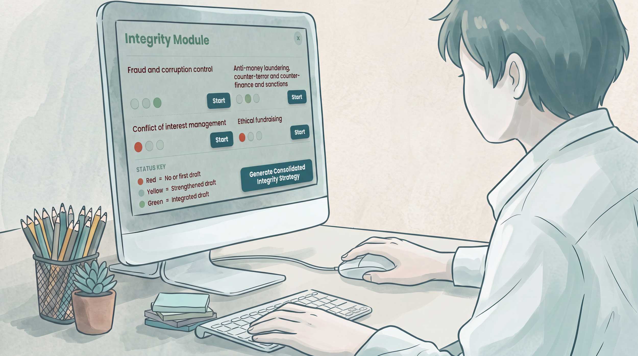 A person focusing on a screen displaying Open Outrigger's 'Integrity Module' with options related to fraud control, conflict of interest management, and ethical fundraising, with a start button and a key explaining status indicators.