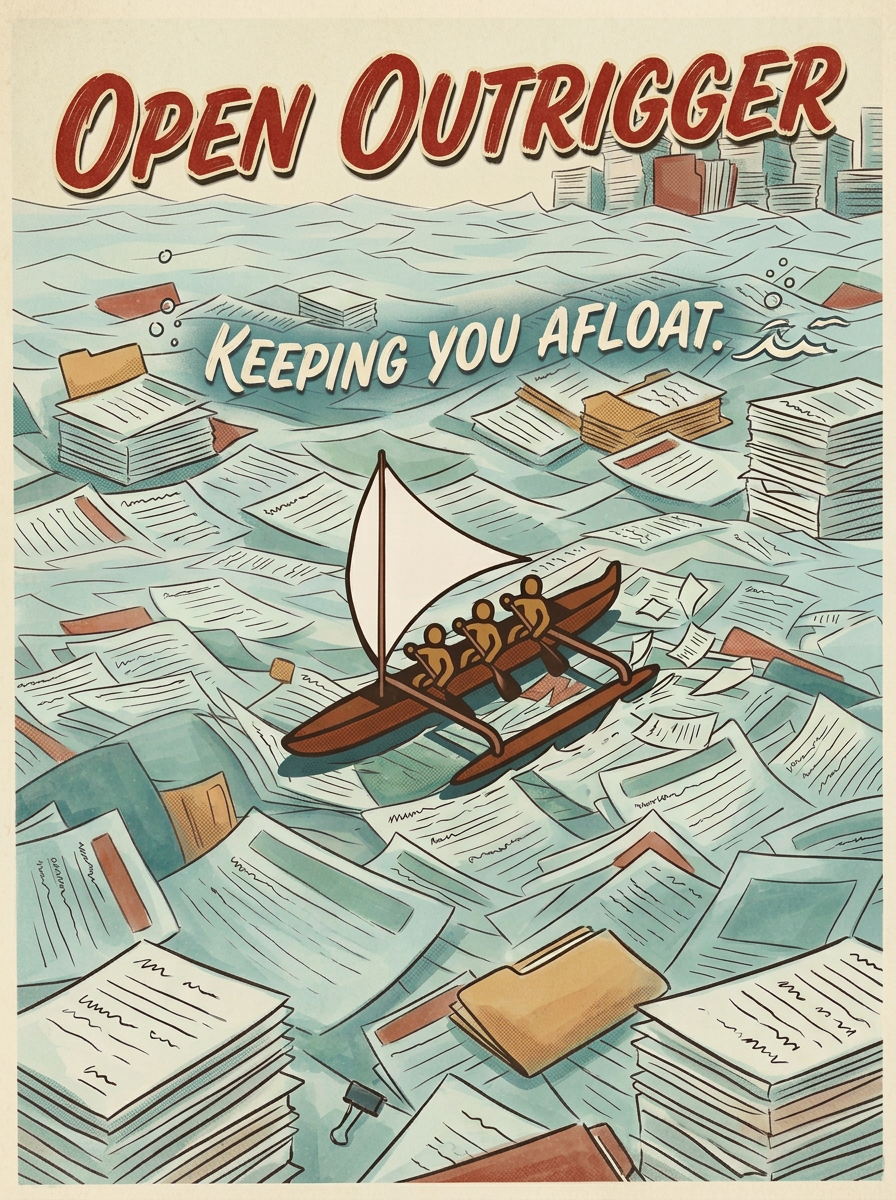 Illustration of a outrigger boat with people navigating through an ocean of overflowing papers, documents, and folders. Text reads "Open Outrigger" and "Keeping You Afloat."