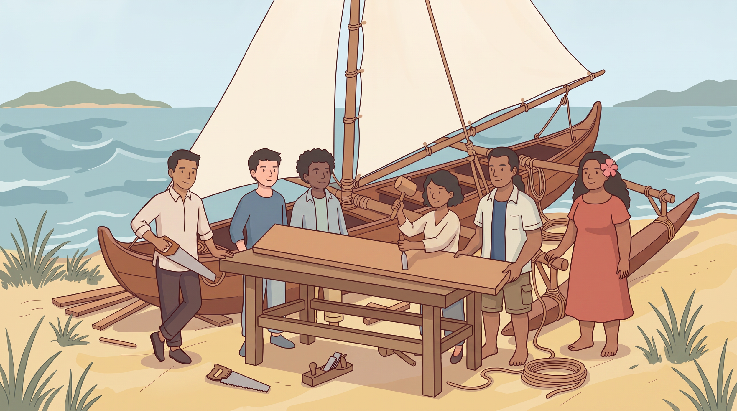 The Outrigger Crew build a wooden outrigger boat on a beach, with the ocean in the background. Some are holding tools, and the scene is outdoors with a beach in the foreground.