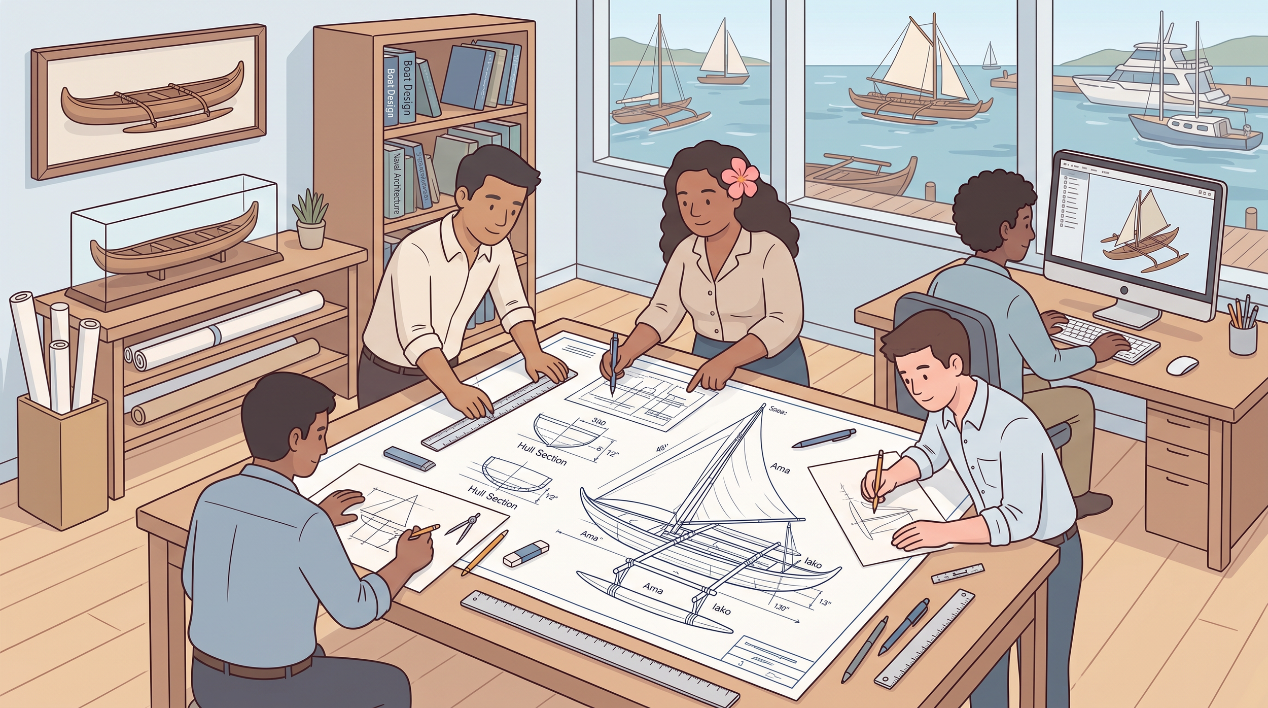 Illustration of the Outrigger Crew working on boat design blueprints in an office by a window overlooking outrigger boats docked in a marina.