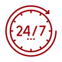 Red clock icon with 24/7 inside