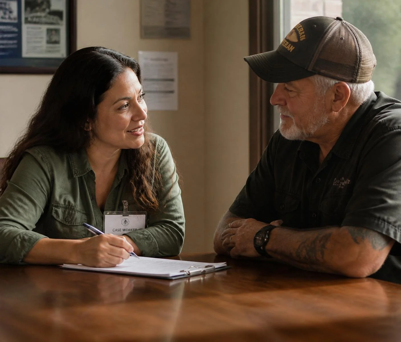 A woman with a CASE WORKER badge interacting with a man wearing a cap inside an office.