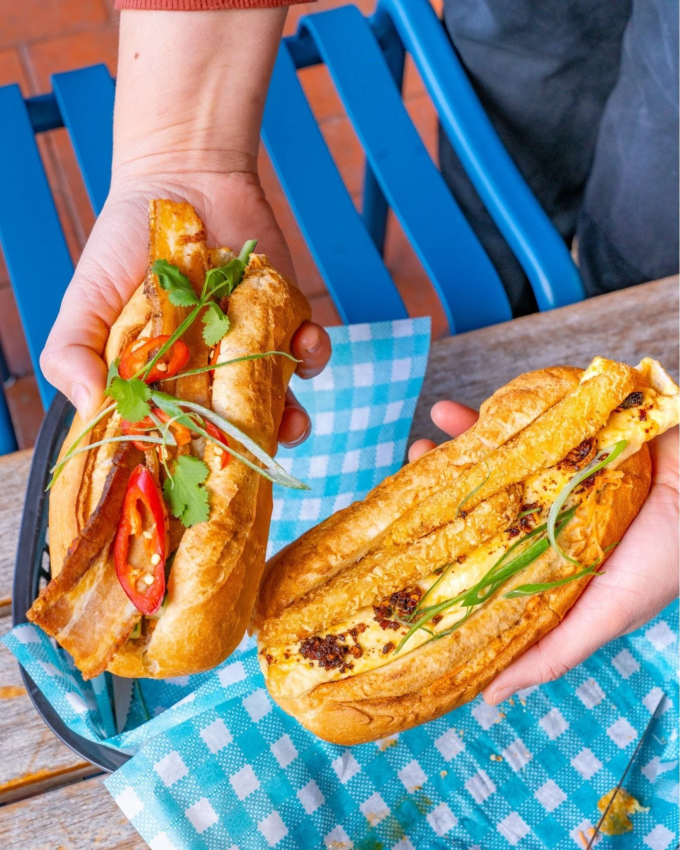 Two B&aacute;nh M&igrave;. Zero chance we&rsquo;re choosing favourites. 🌶️🇻🇳⁣
⁣
🥖 𝐏𝐨𝐫𝐤 𝐁𝐞𝐥𝐥𝐲 𝐁&aacute;𝐧𝐡 𝐌&igrave;⁣
Braised pork belly. House p&acirc;t&eacute;. Pickled veg. Herbs. Fresh chilli. All packed into a crispy baguette situ