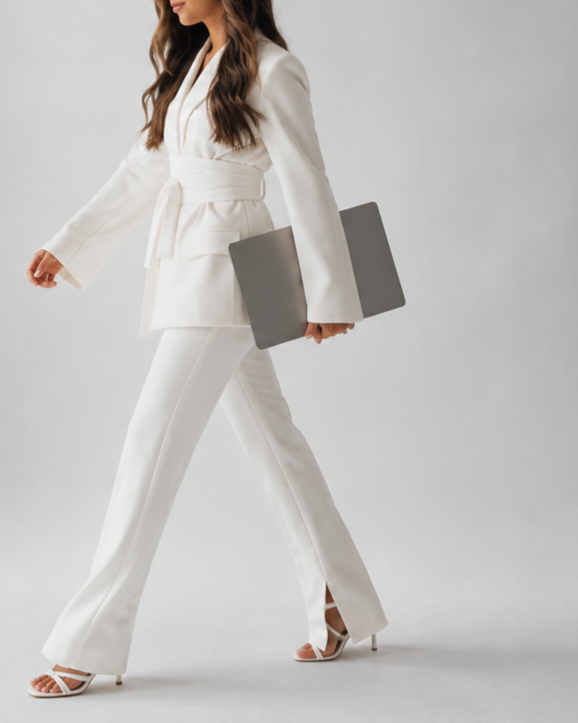 A woman walking in a white suit carrying a laptop
