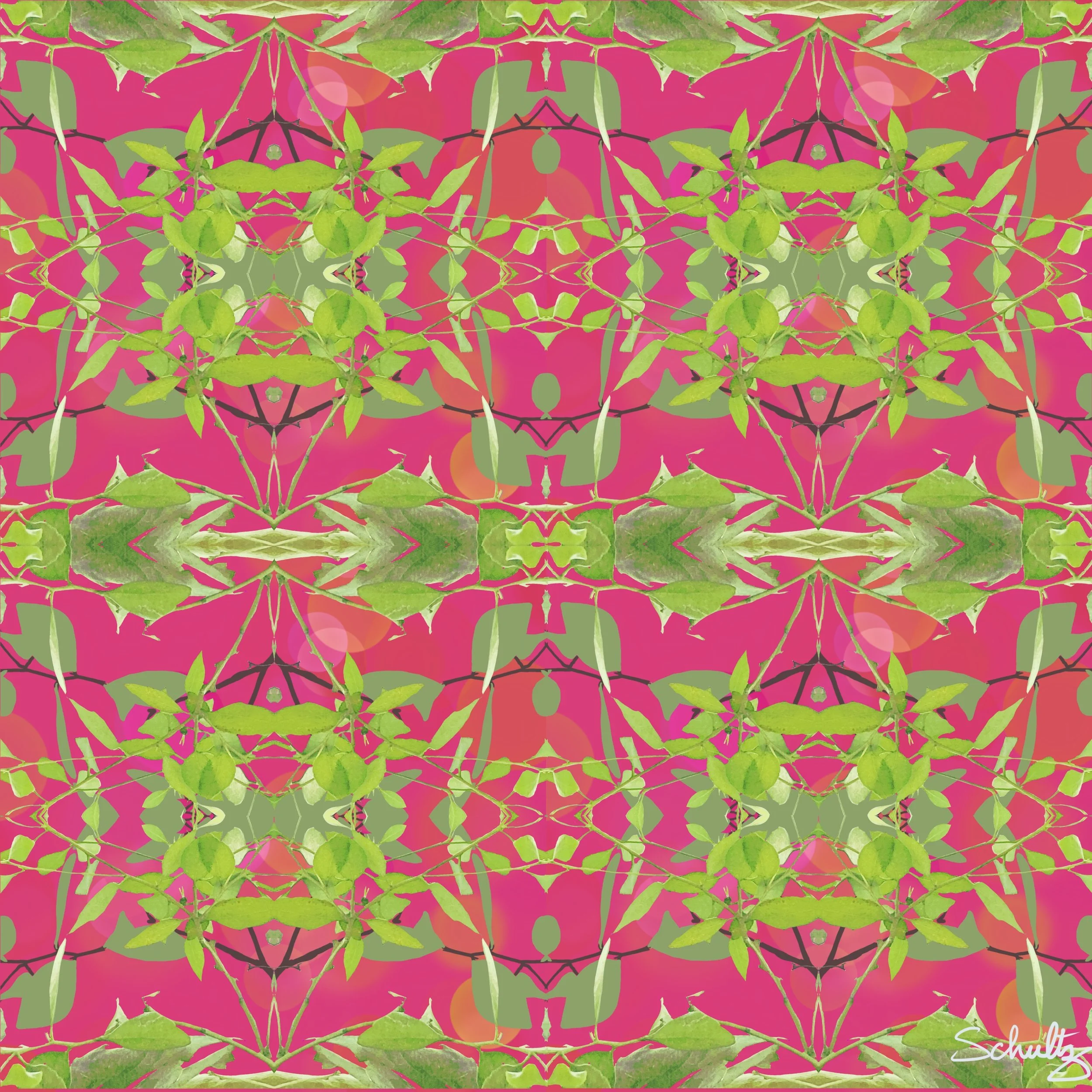 Pink & Green Mirrored Foliage — A Pattern Study. Digital illustration by Cathy Schultz.