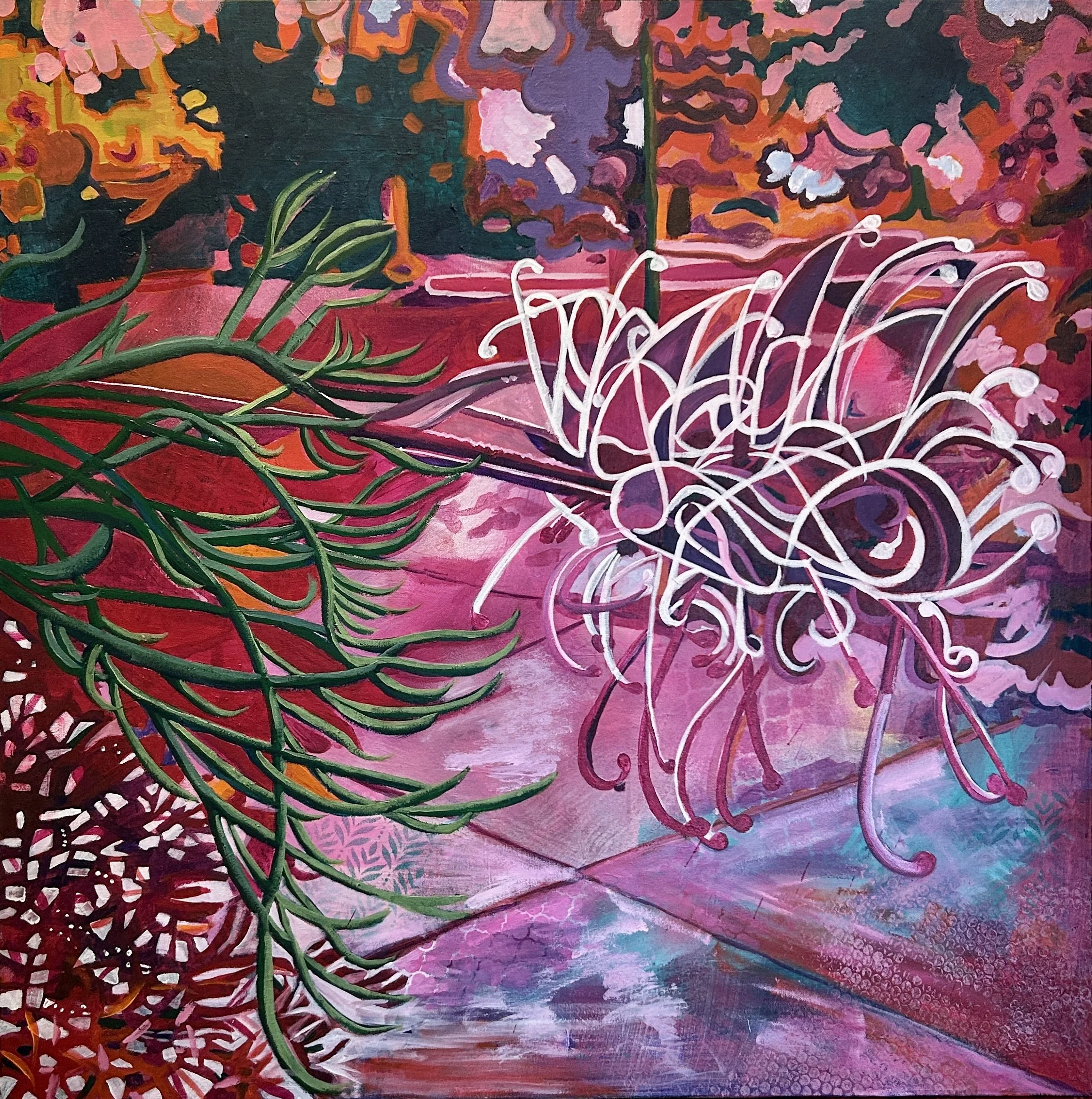 Alison's Grevillea, Acrylics on canvas, 40x40"