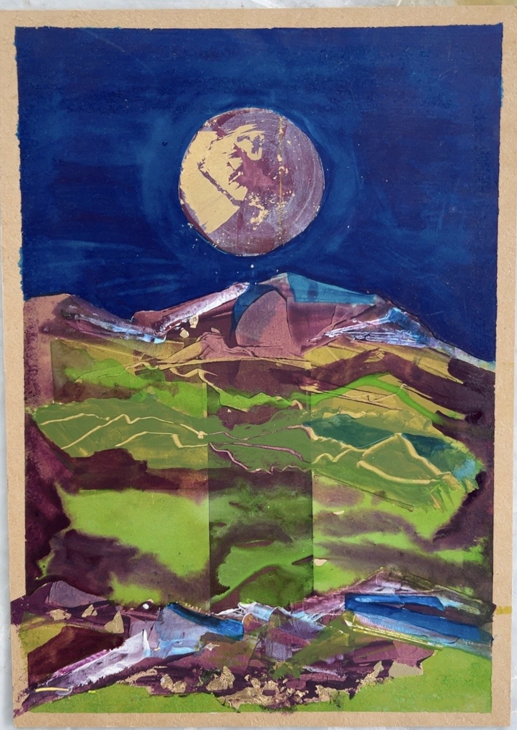 gold leaf, acrylics on a pdf board, 12x16"