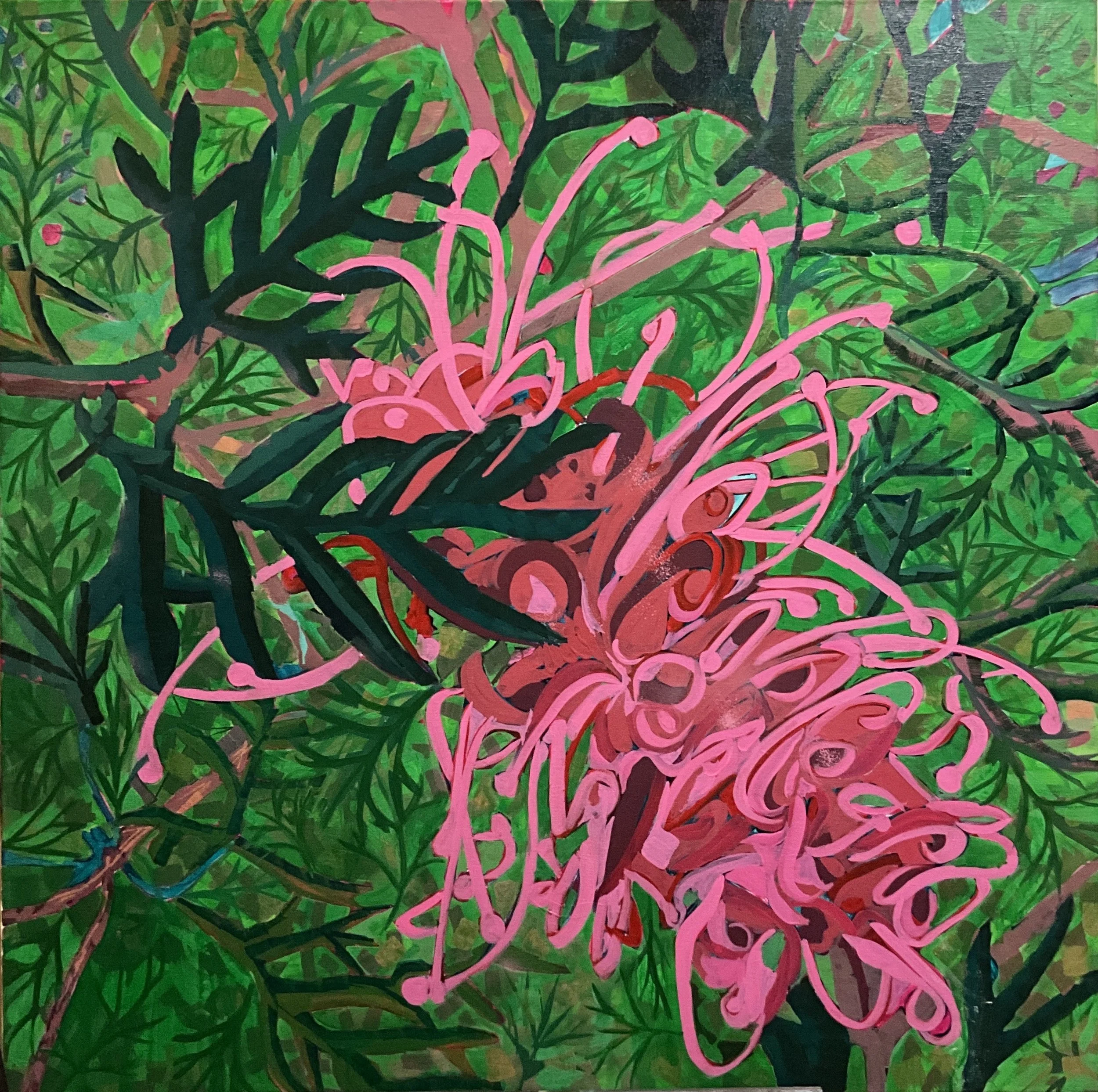 Pink Grevillea on green background of leaves, acrylics on canvas, 40x40"