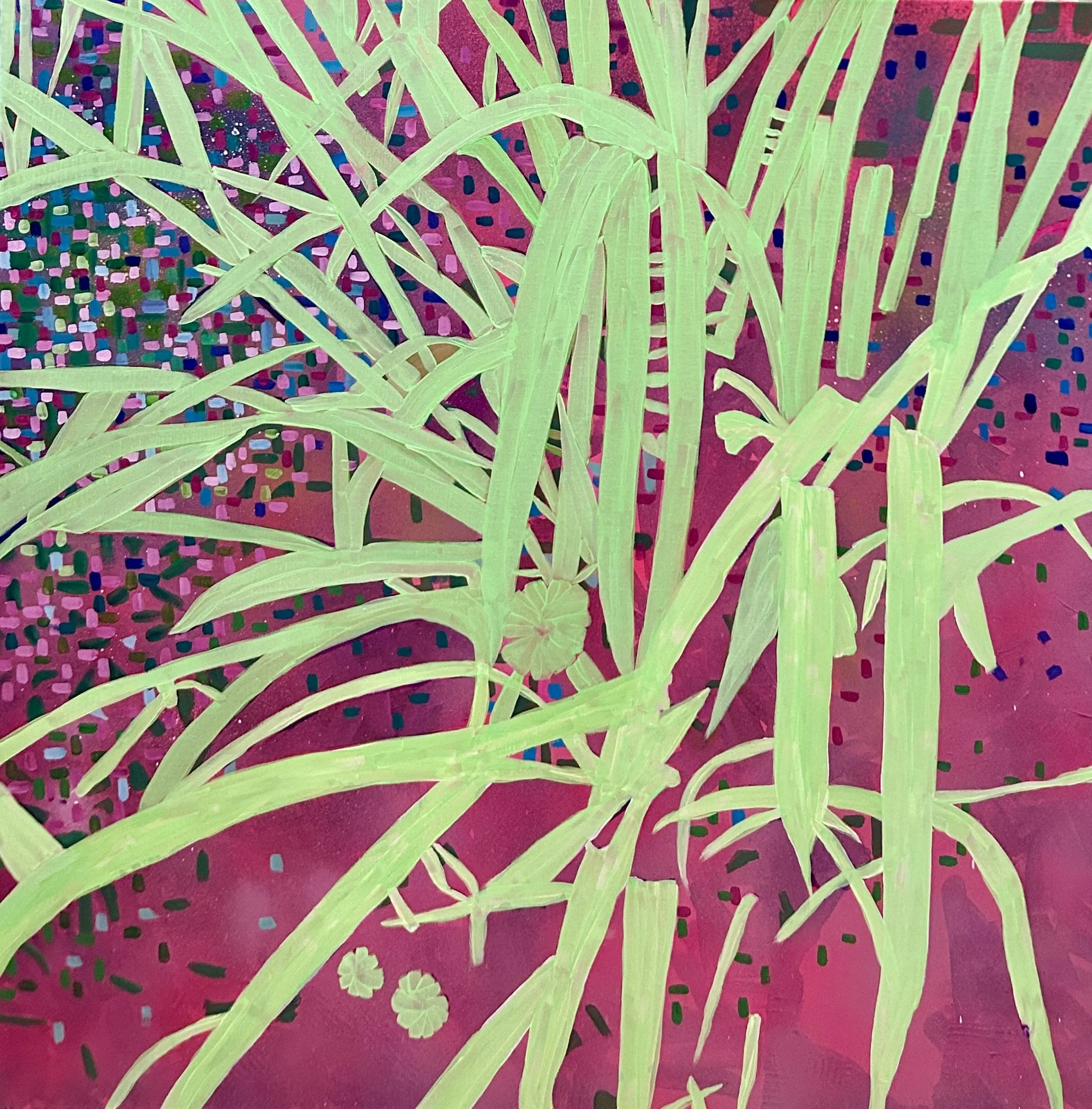 green hues on magenta background, 40 x 40"