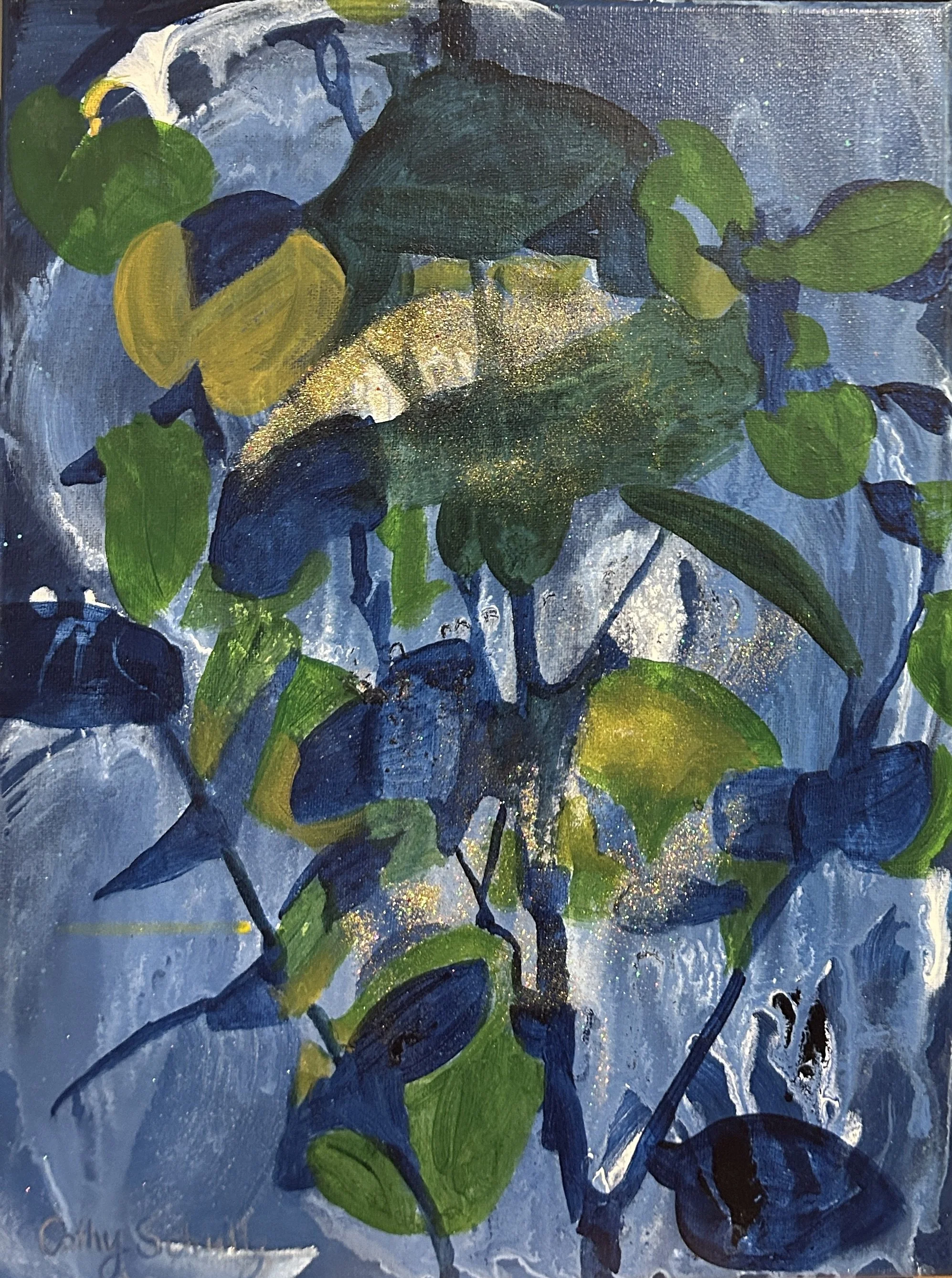 Title: Blue Hour.                                                        This painting began on an evening walk when I noticed how the garden transforms in that brief window between sunset and dark — the hour photographers call blue hour. Colours shi