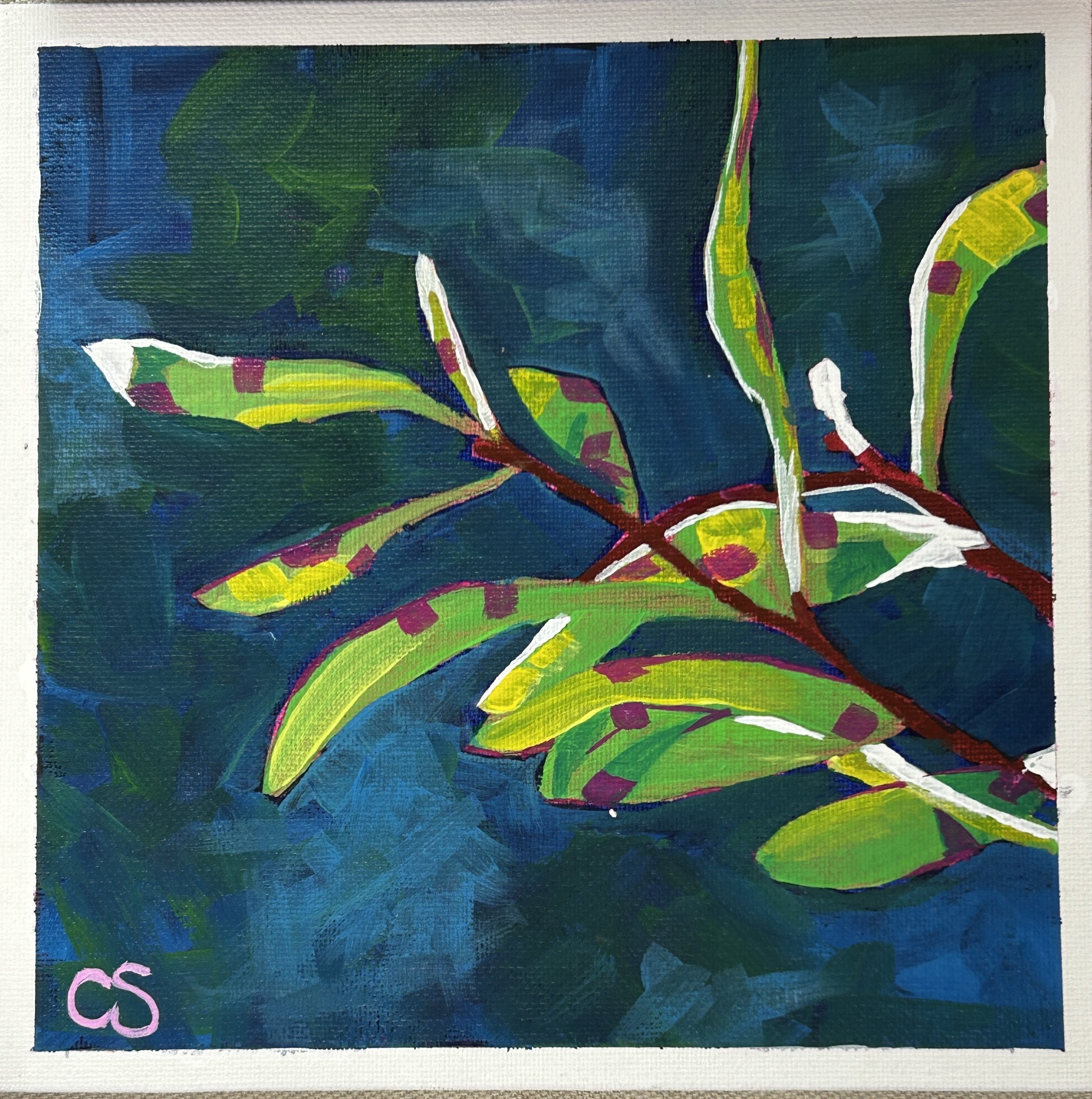 Green hues on mottled dark background, 8x8" acrylics on canvas board
