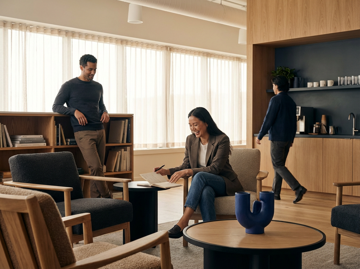 Three people in a brightly lit, modern office or lounge area. One woman is sitting in a chair, smiling and flipping through a notebook. A man is leaning against a wooden bookshelf, smiling and looking at her. Another person is walking away towards a kitchenette area in the background.