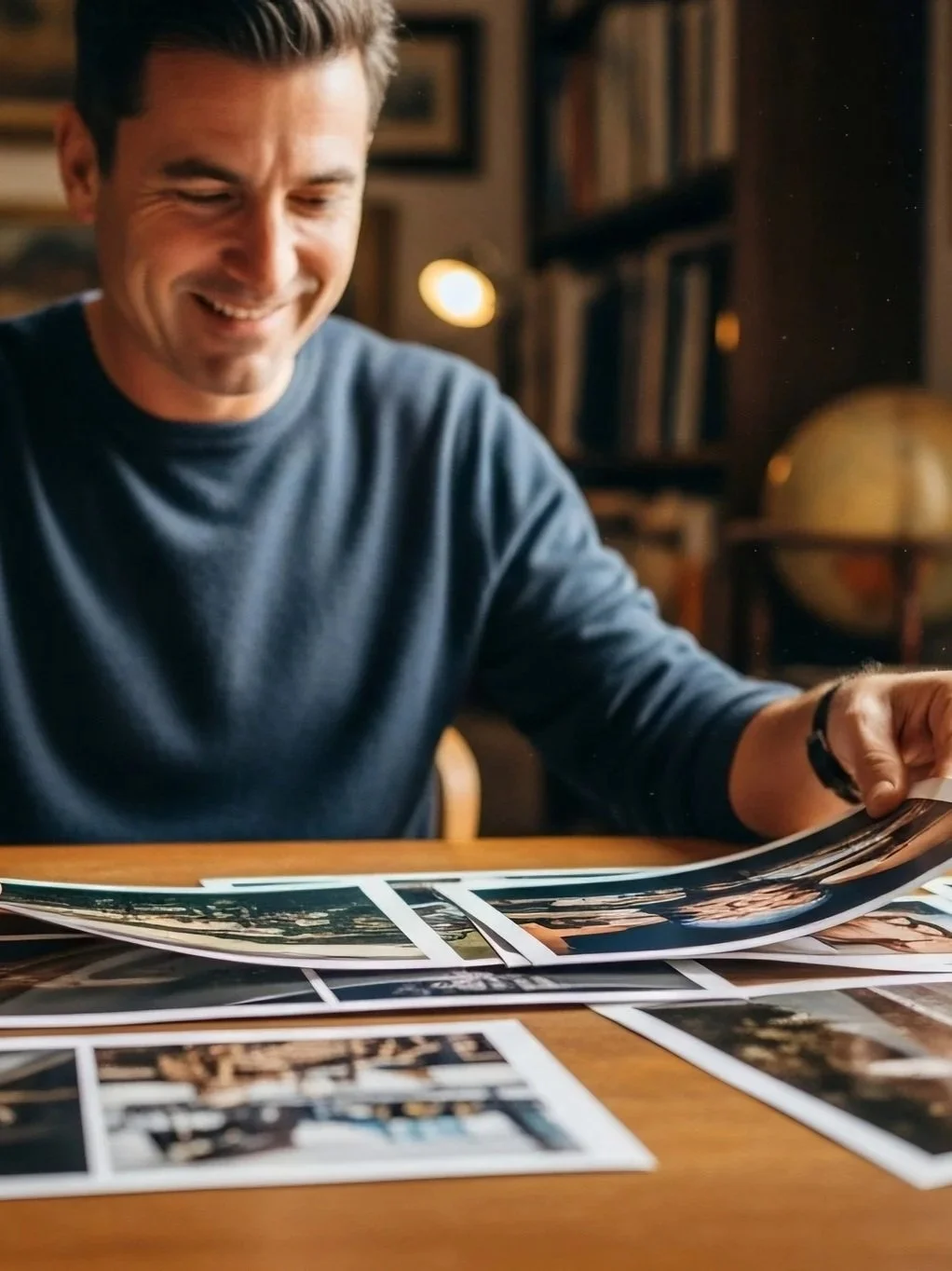Un homme souriant regarde des photographies étalées sur une table dans une bibliothèque ou un bureau.